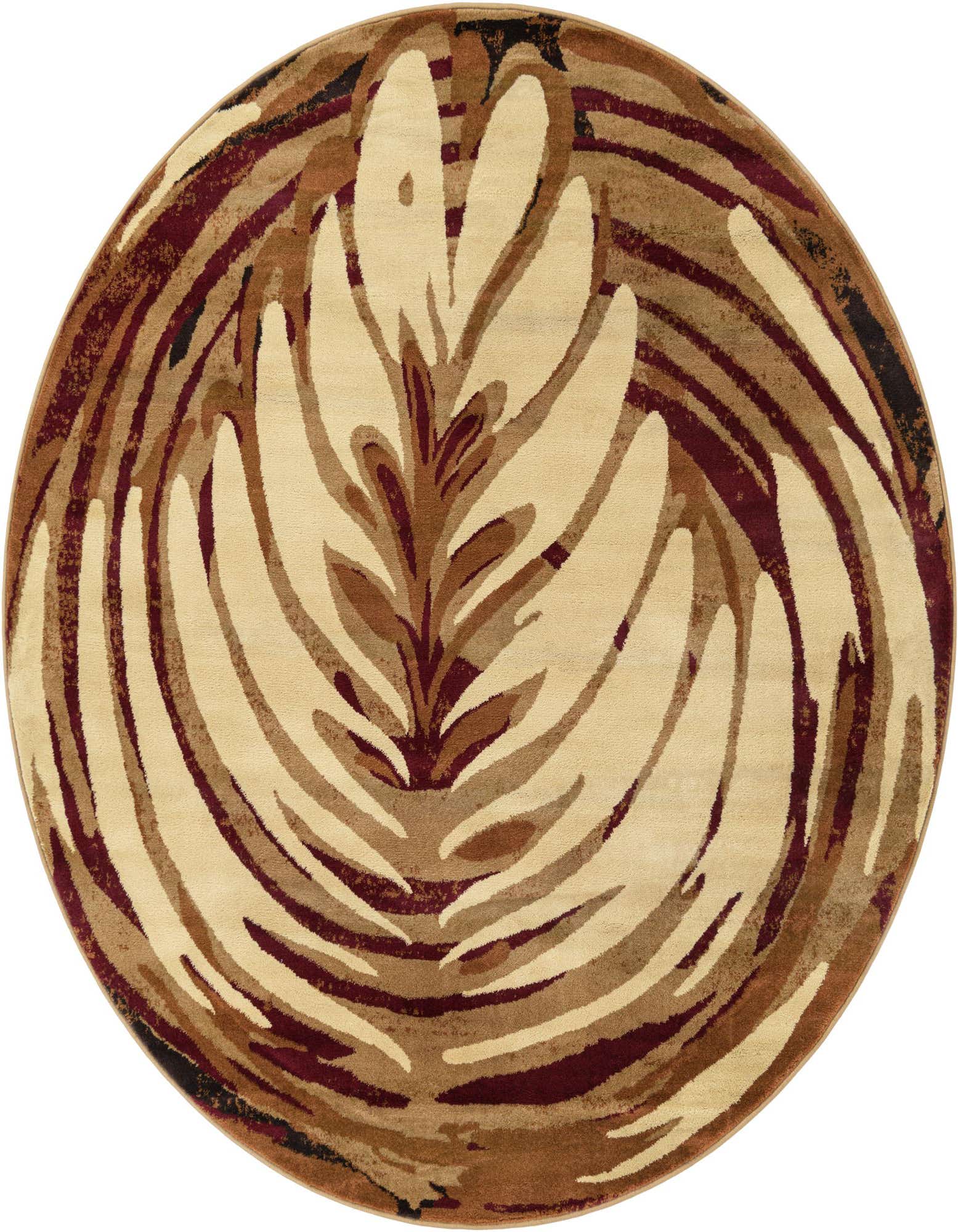 A round 7' 0 x 7' 0 Cafe rug featuring a modern medallion pattern in shades of brown, tan, and ivory.