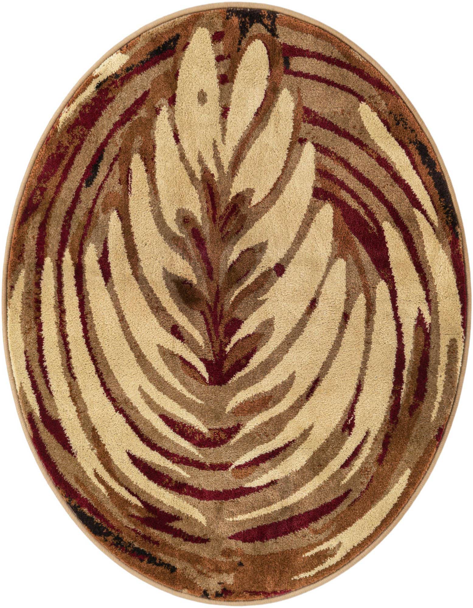 Round Cafe rug by Rugs.com, featuring a latte art-inspired leaf design in browns, tans, and creams.