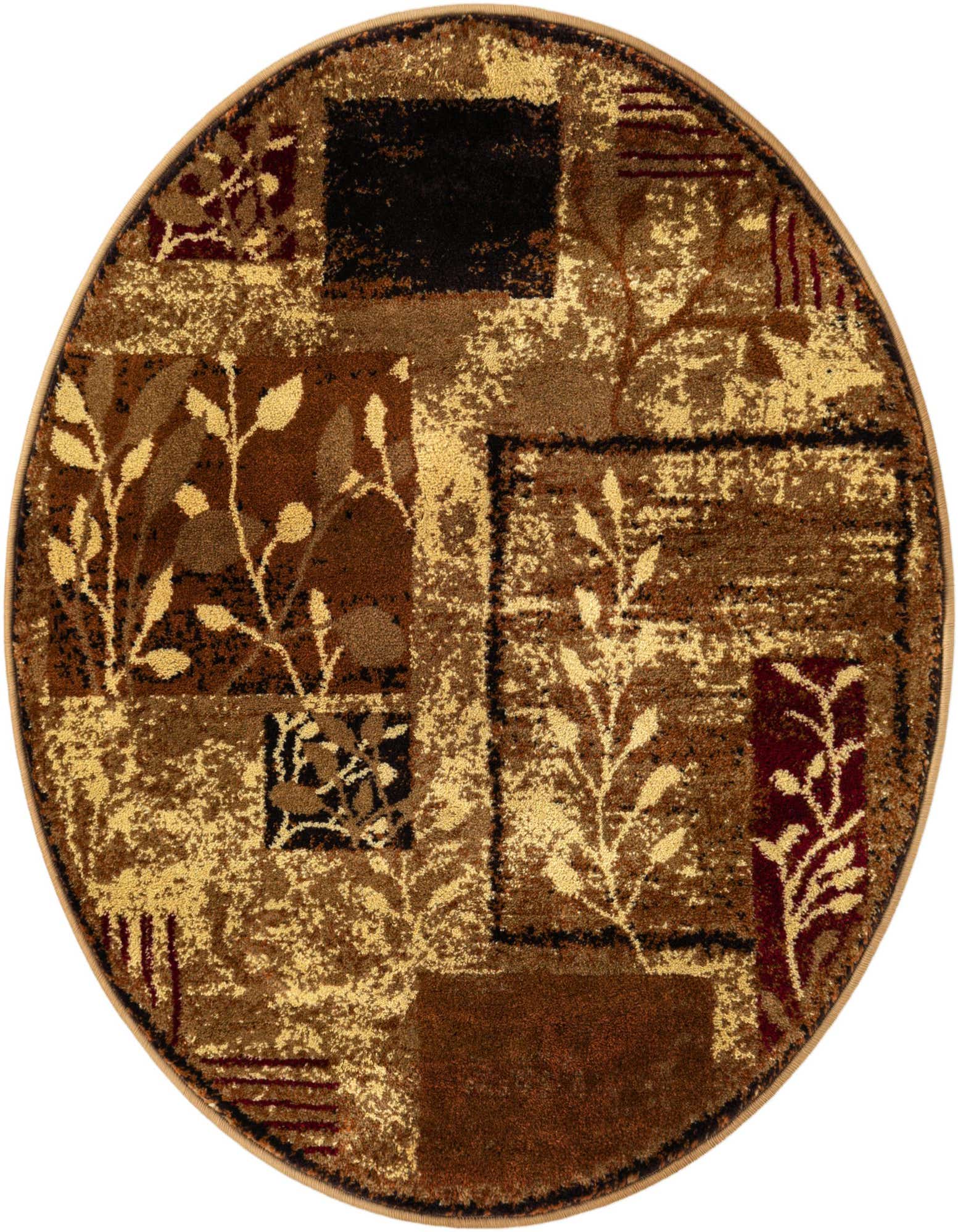 A round brown and tan floral rug with abstract squares and botanical patterns, perfect for an indoor living space.