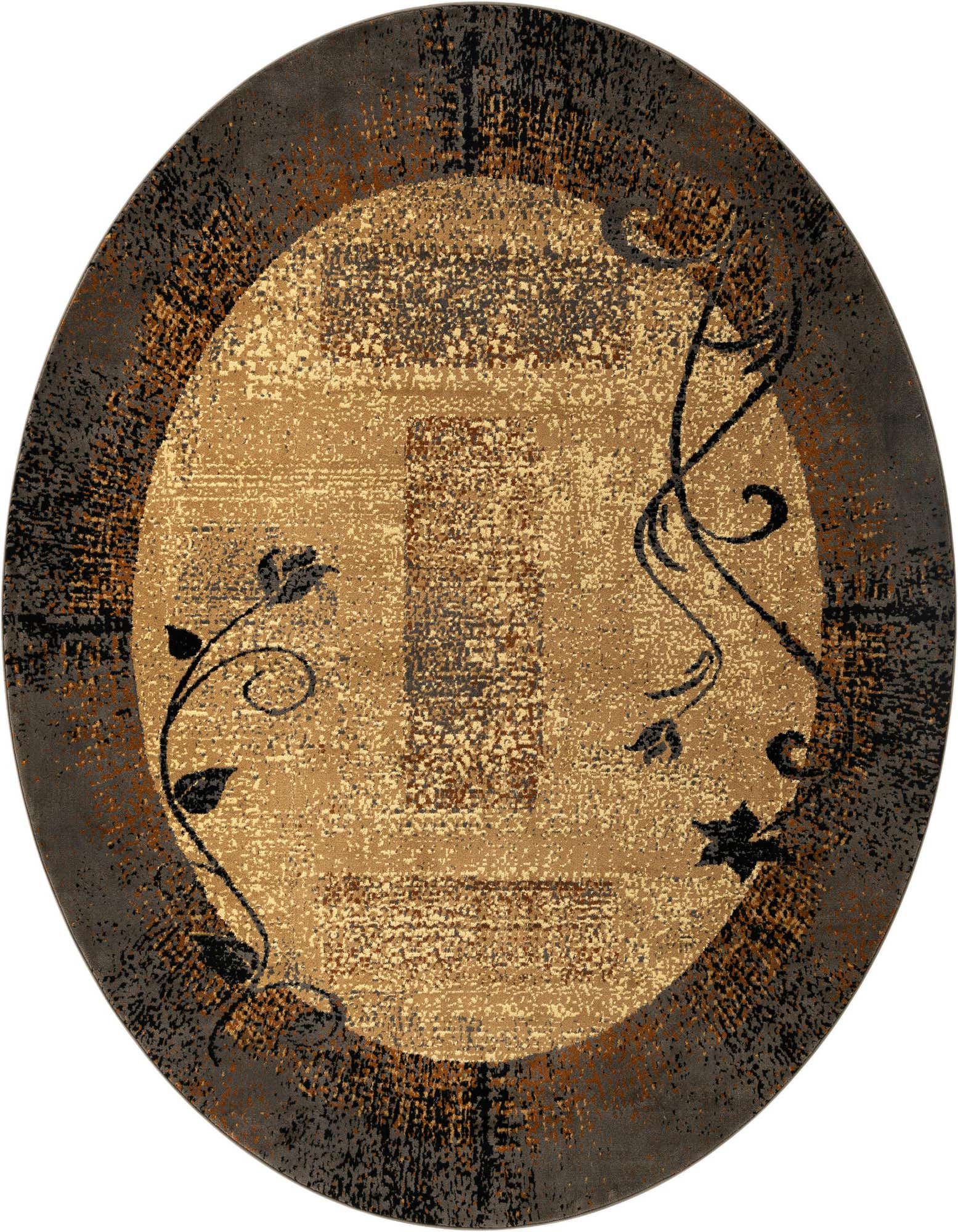 A 10-foot round transitional rug in shades of brown and tan with a distressed abstract floral pattern.