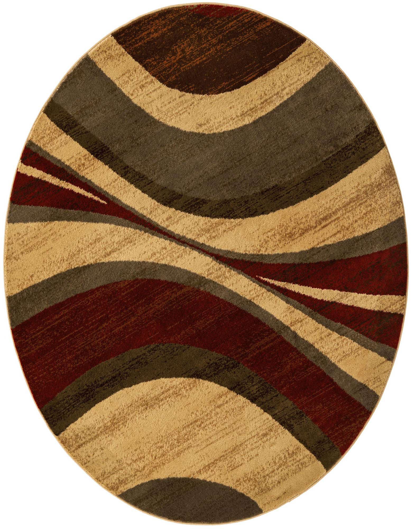 A 6' round Cafe collection rug featuring a modern abstract pattern with swirling bands of brown, tan, ivory, and deep red.