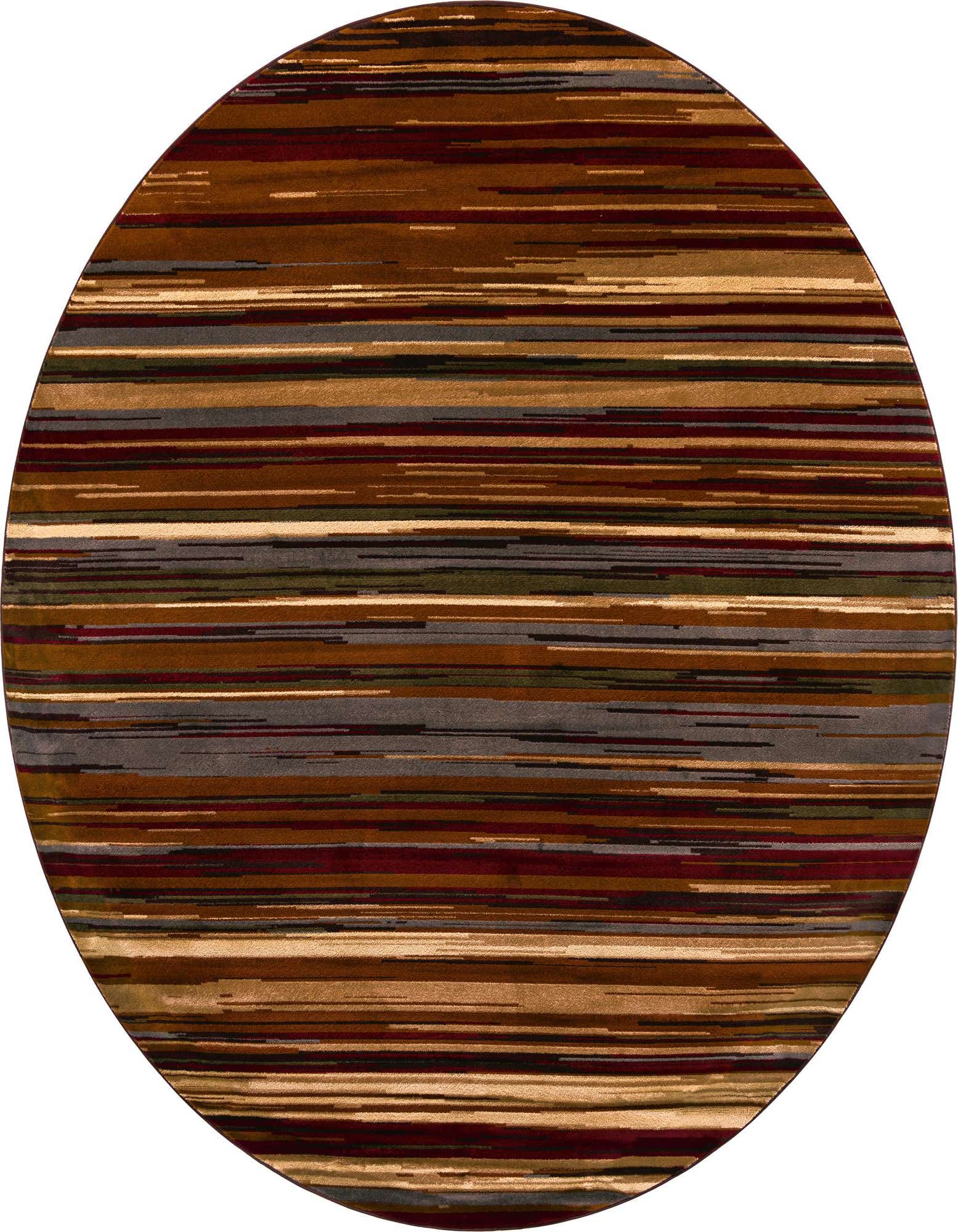 A 10' round Cafe Collection rug with a modern stripe pattern in varying shades of brown, tan, cream, gray, and deep red.