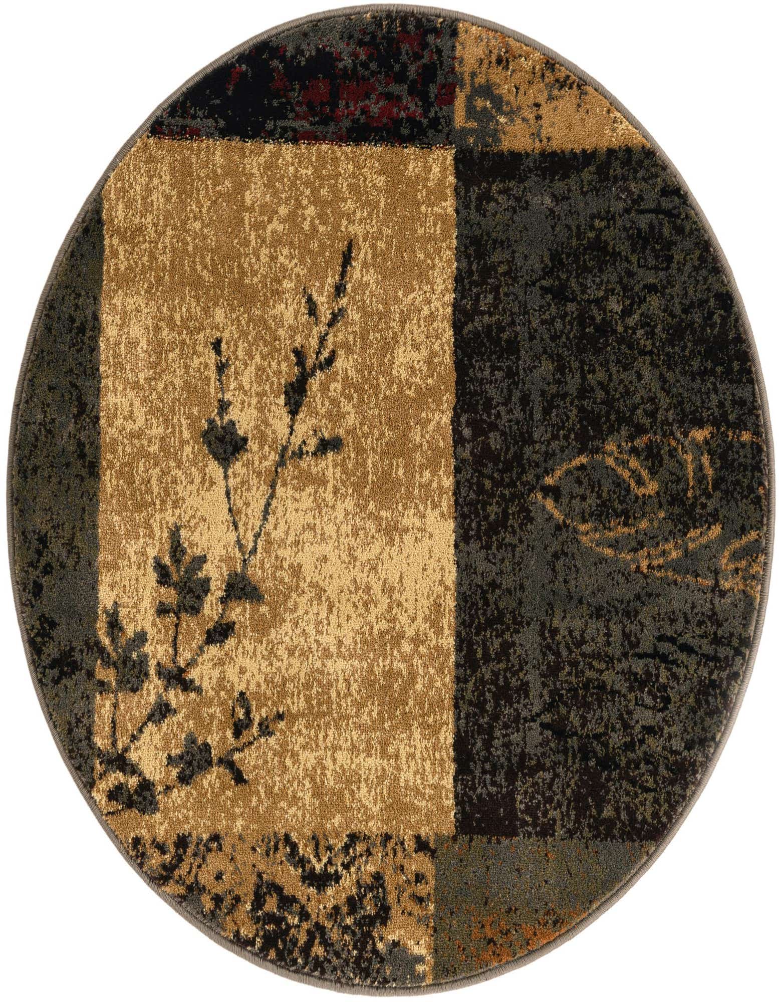 A 3' 0 x 3' 0 round Cafe rug featuring a transitional floral and abstract pattern in browns, tans, and ivories.