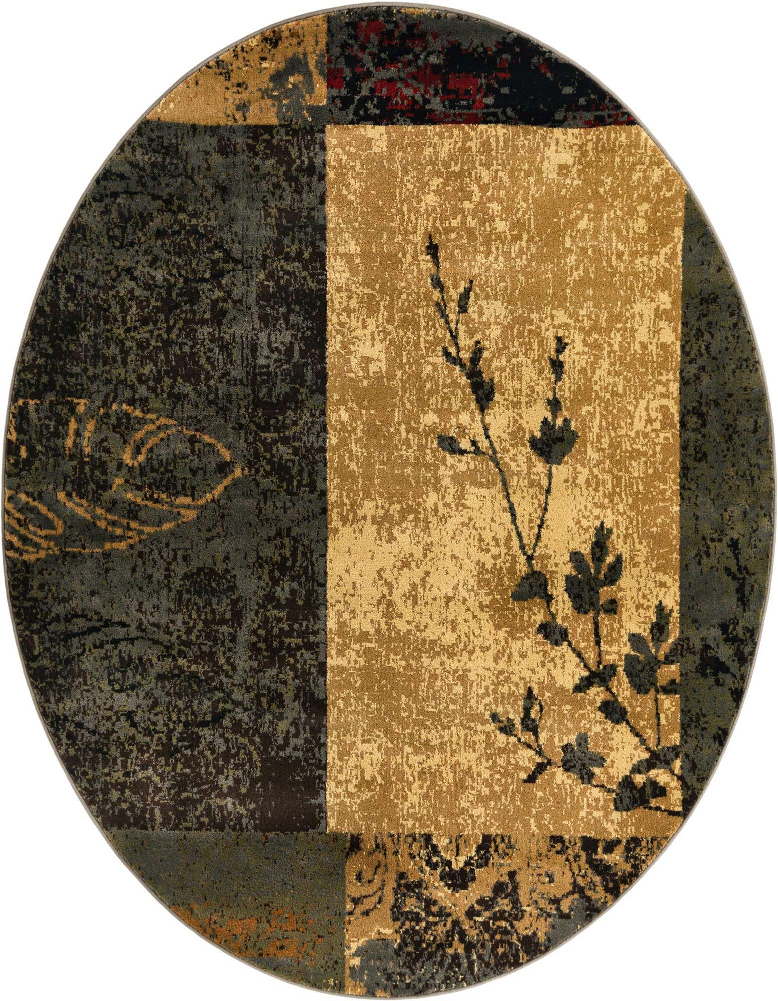 Rugs.com Cafe 6' round rug featuring a transitional floral pattern in browns, tans, and ivories.