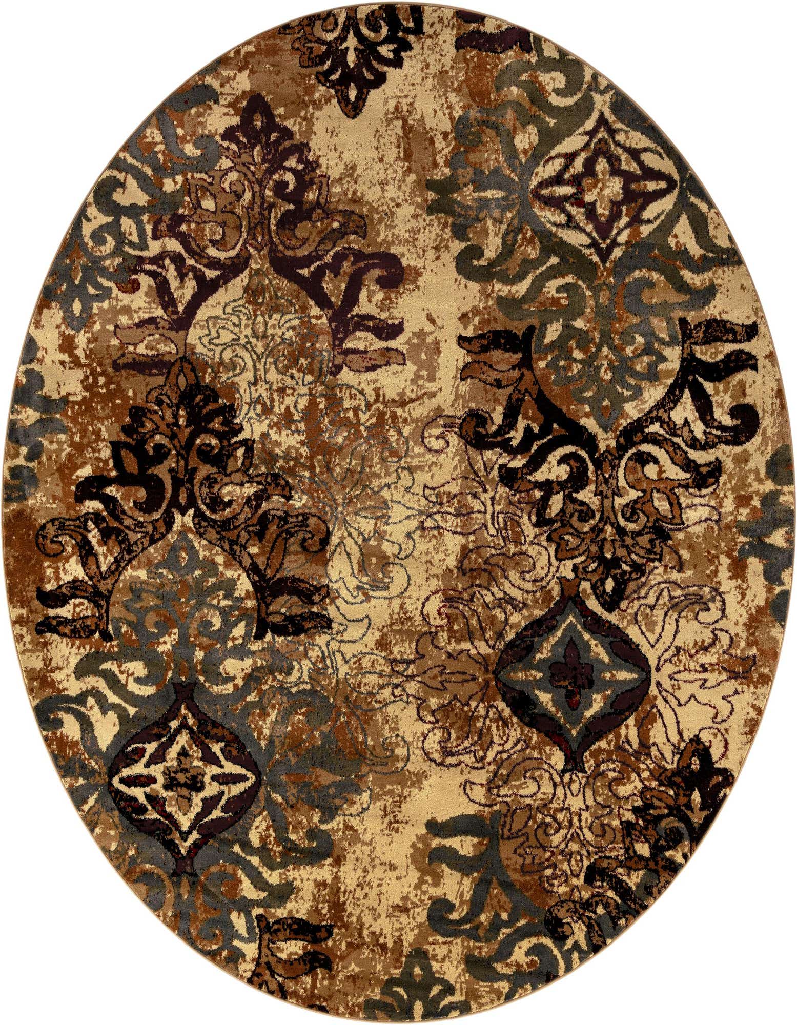 Round Cafe Collection rug by Rugs.com featuring an abstract transitional pattern in shades of brown, tan, and ivory.
