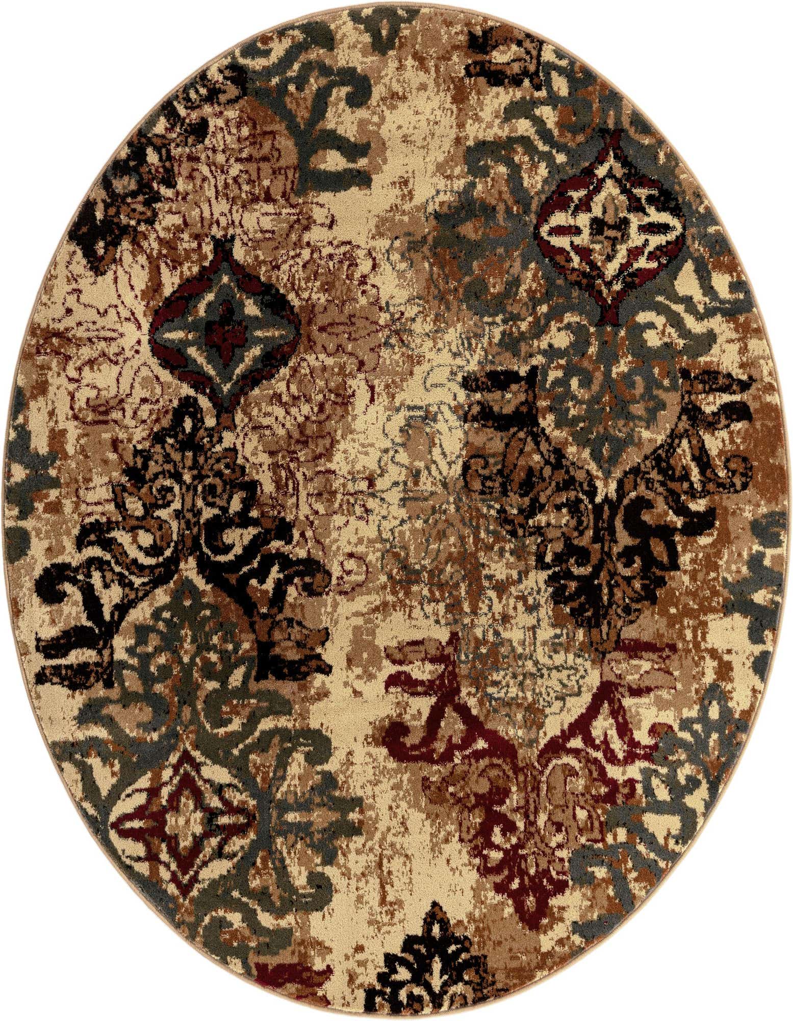 A 6' round Cafe Collection rug with a transitional Oriental pattern in browns, tans, ivories, and creams.