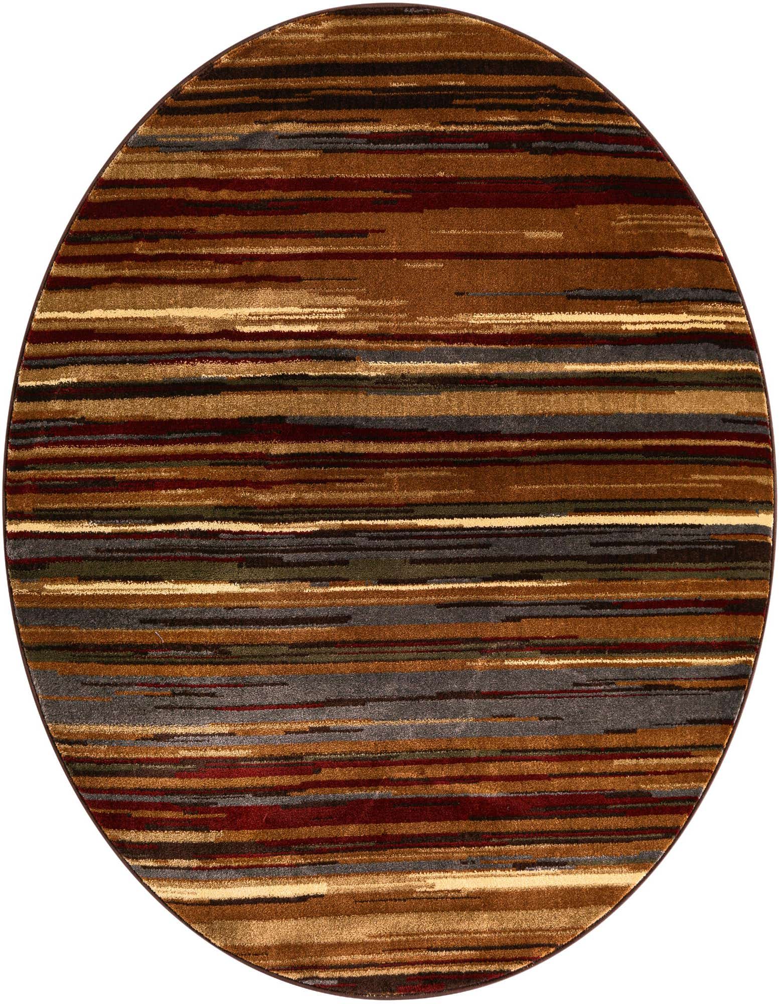 A 5' 3 round Cafe collection rug featuring horizontal stripes in various shades of brown, tan, cream, and hints of red and grey.