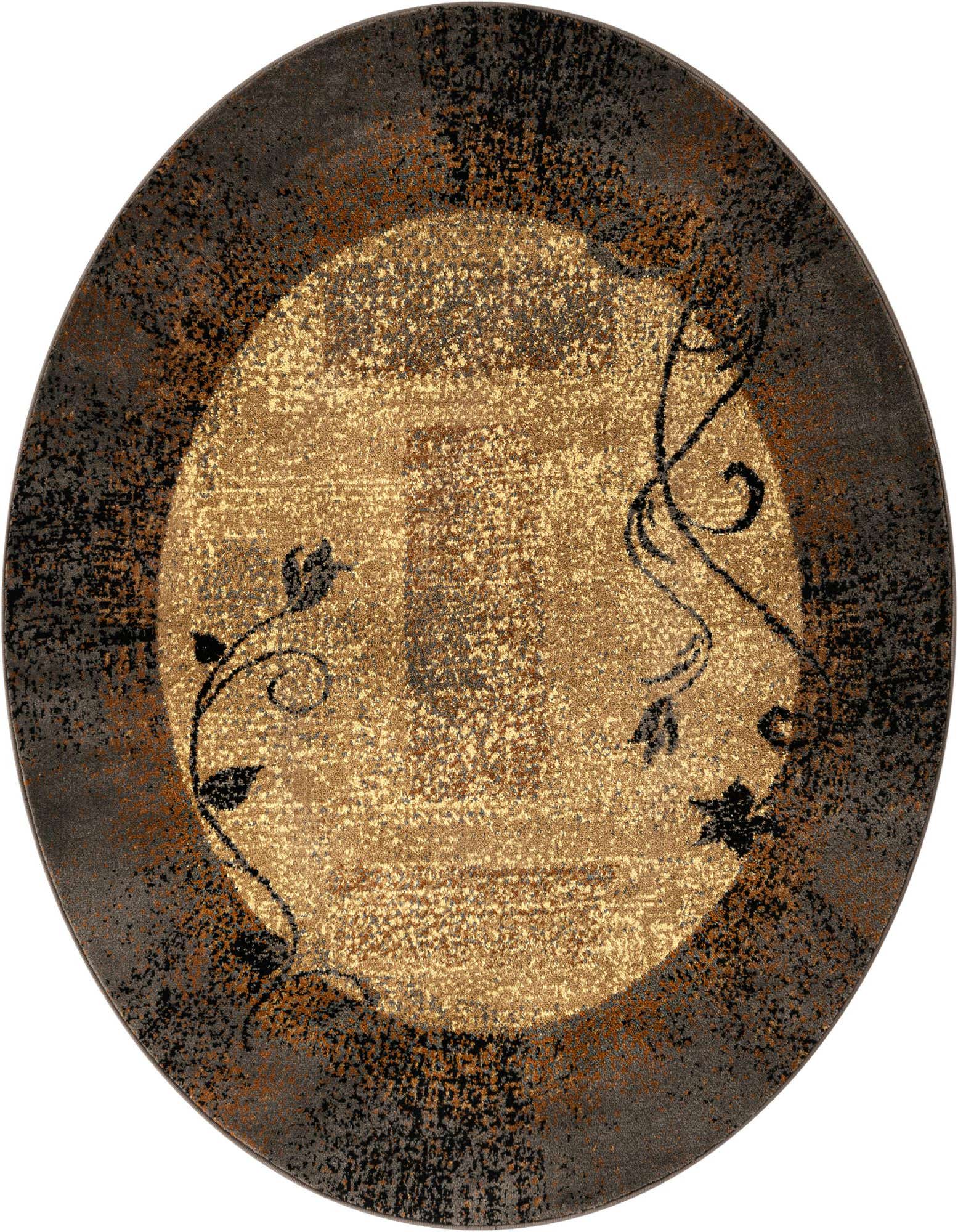 A round brown and tan rug with a distressed floral pattern, featuring a light center and dark border.