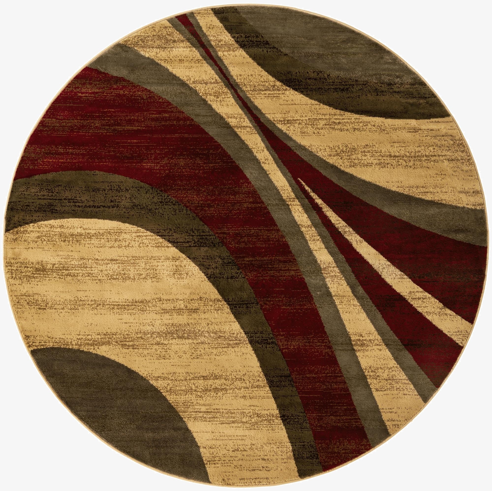 A 7' 10 round Cafe Collection rug with a modern abstract design in shades of brown, tan, ivory, and deep red.