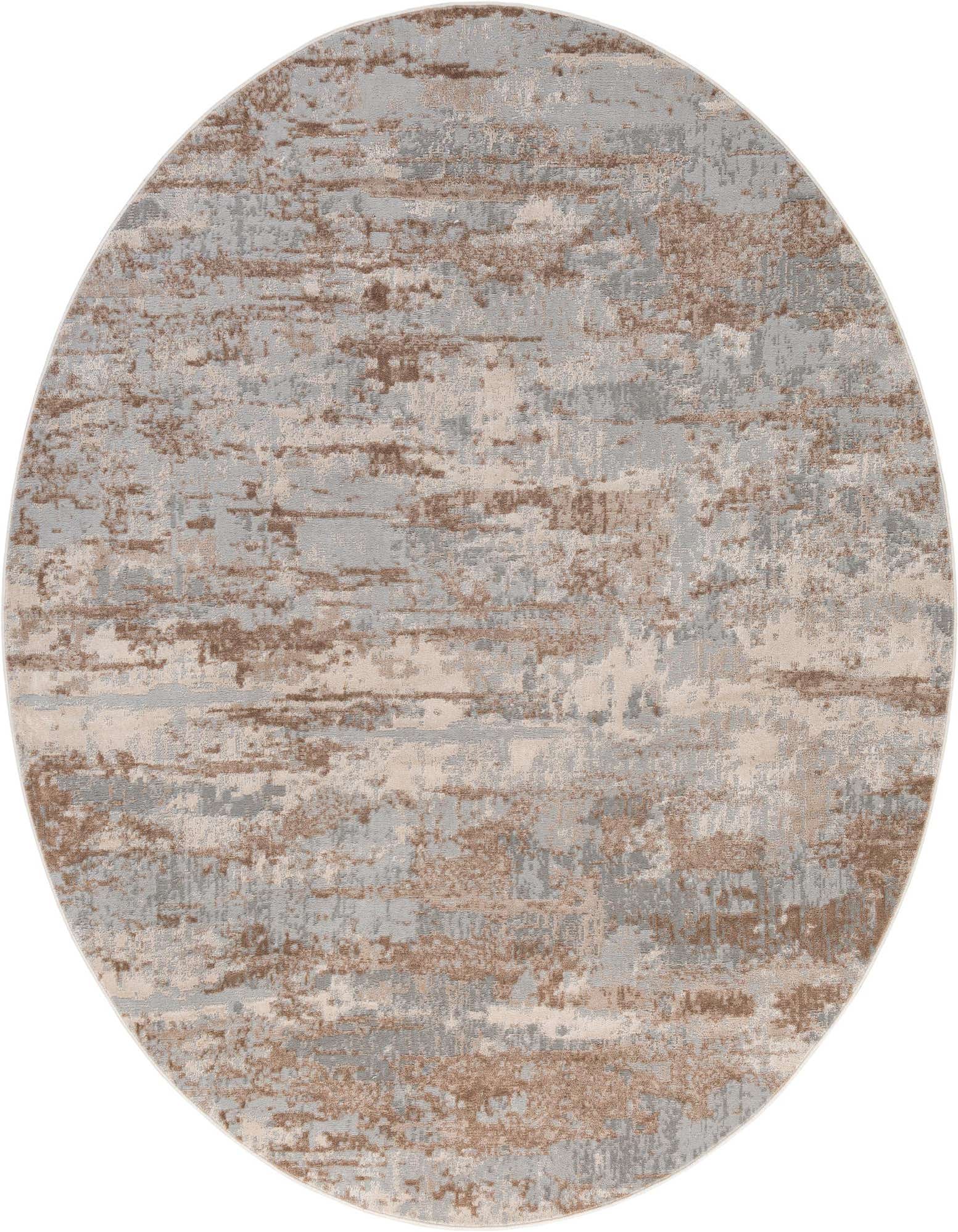 A 7' round modern abstract rug with a textured pile, featuring mottled browns, tans, ivories, creams, and light blues.