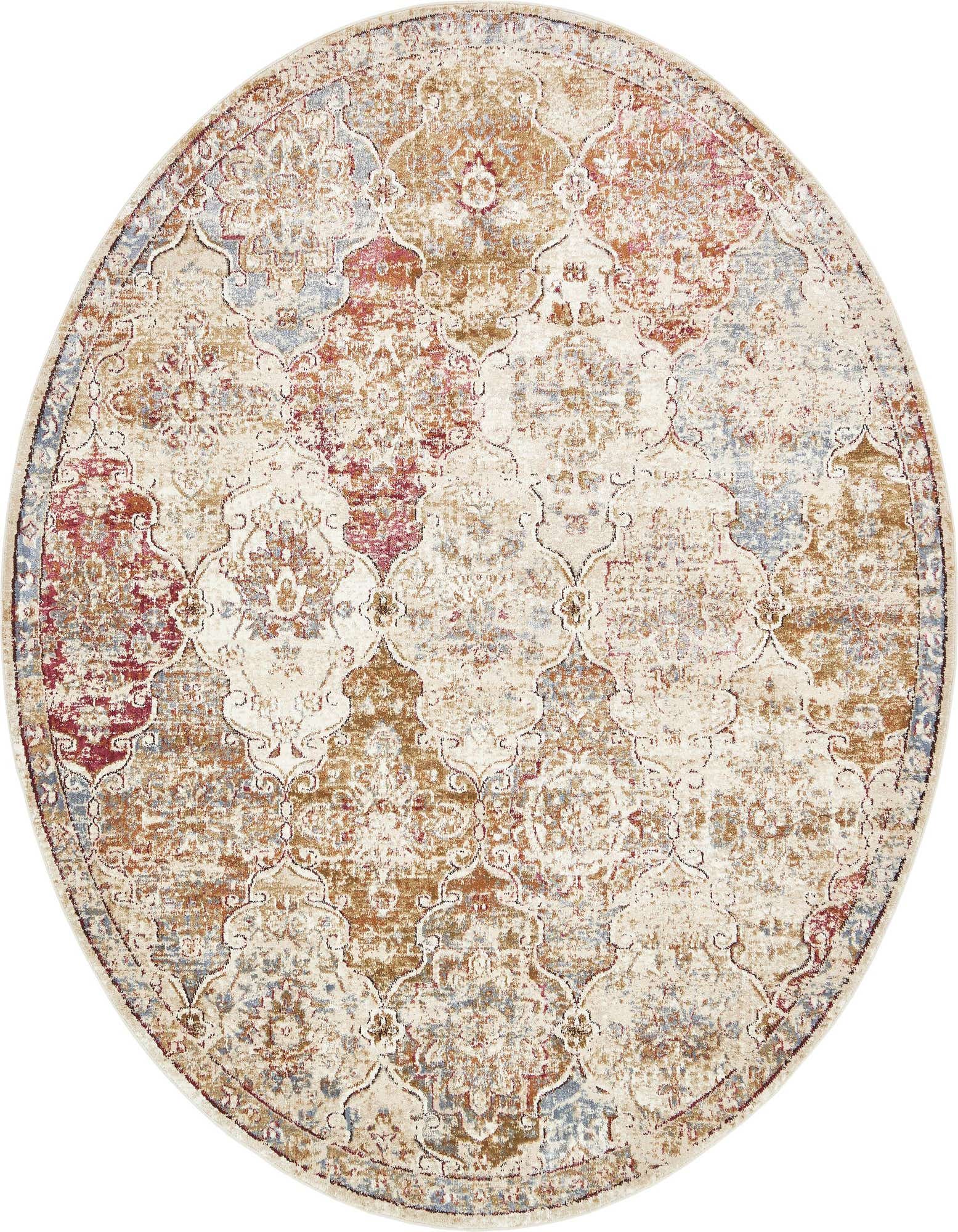 A round 8' 0 x 8' 0 Charlotte rug with a distressed Bohemian trellis pattern in browns, tans, ivories, creams, and hints of red and blue.