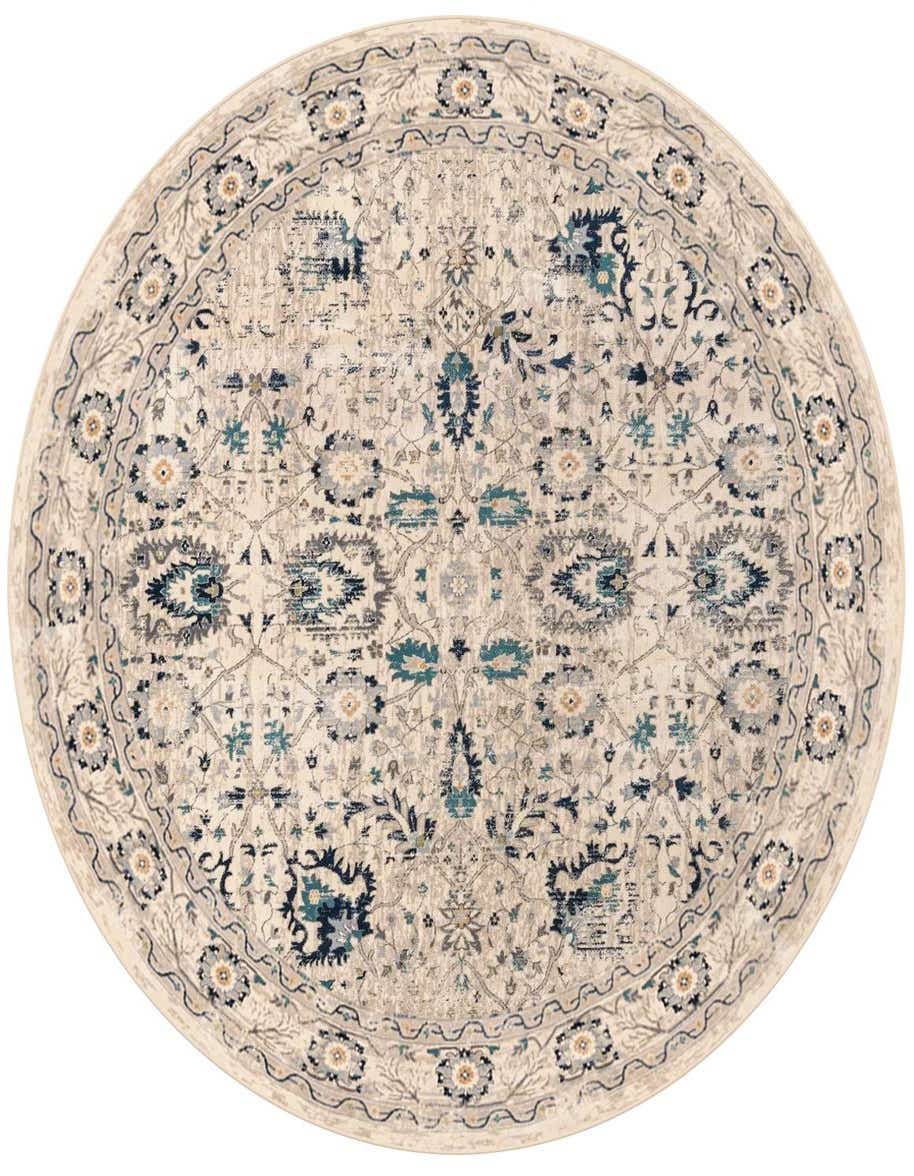 A 10-foot round Dahlia rug featuring a traditional medallion pattern in distressed browns, tans, ivories, and creams.
