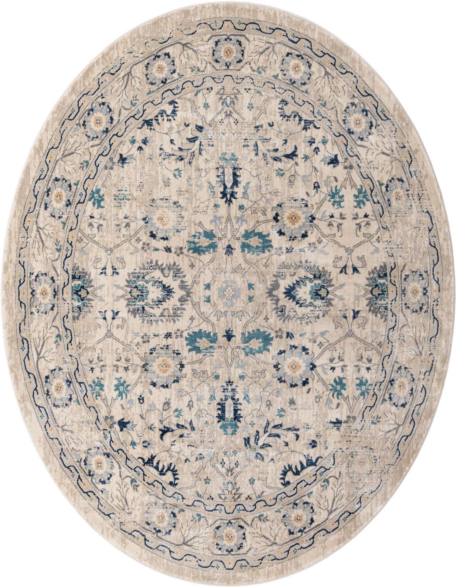 A round 7' 10 x 7' 10 Dahlia rug featuring a traditional medallion pattern in distressed creams, tans, blues, and grays.