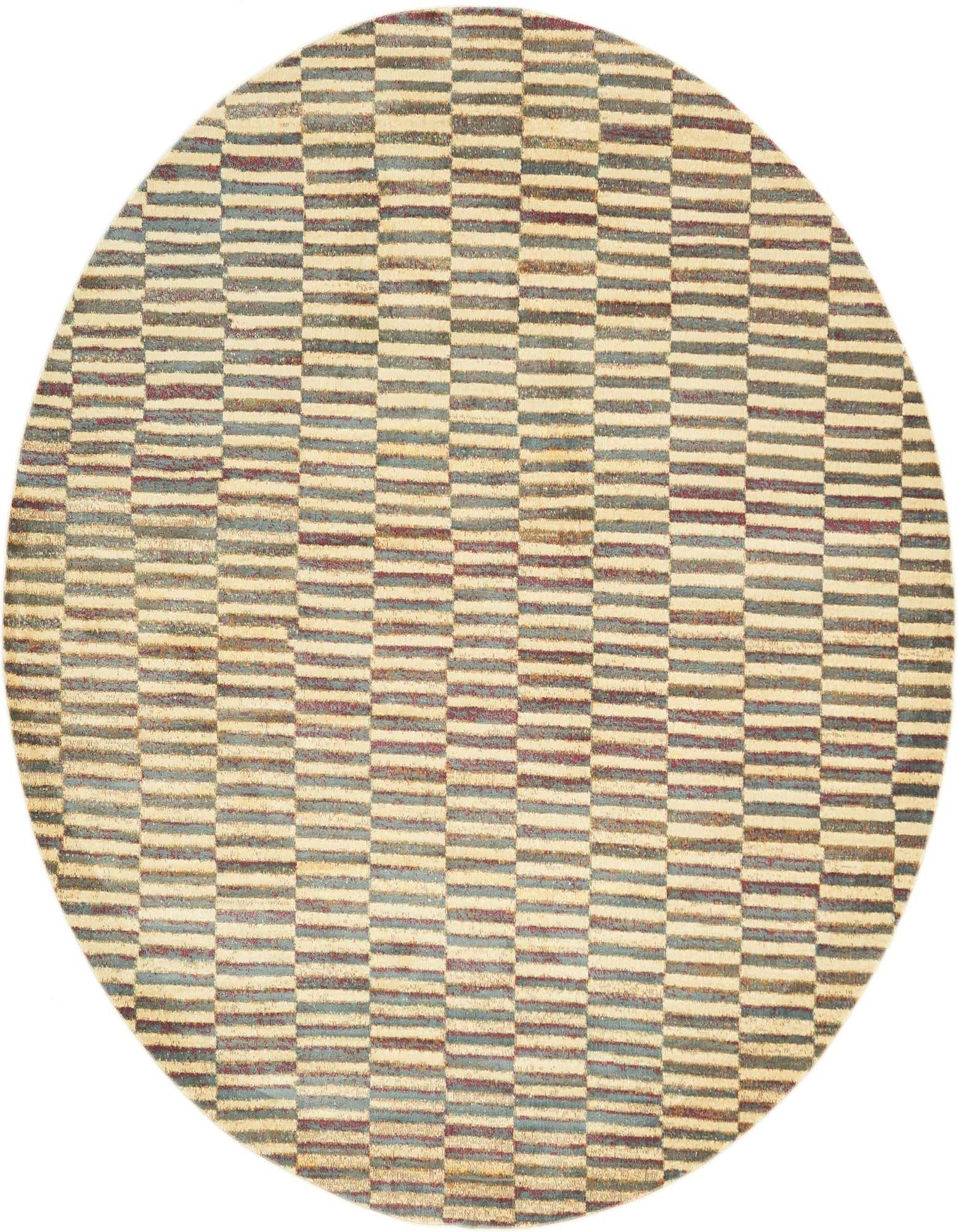 A round 8' 2 x 8' 2 Rugs.com Dakota rug featuring a transitional tribal stripe pattern in browns, tans, and ivories.