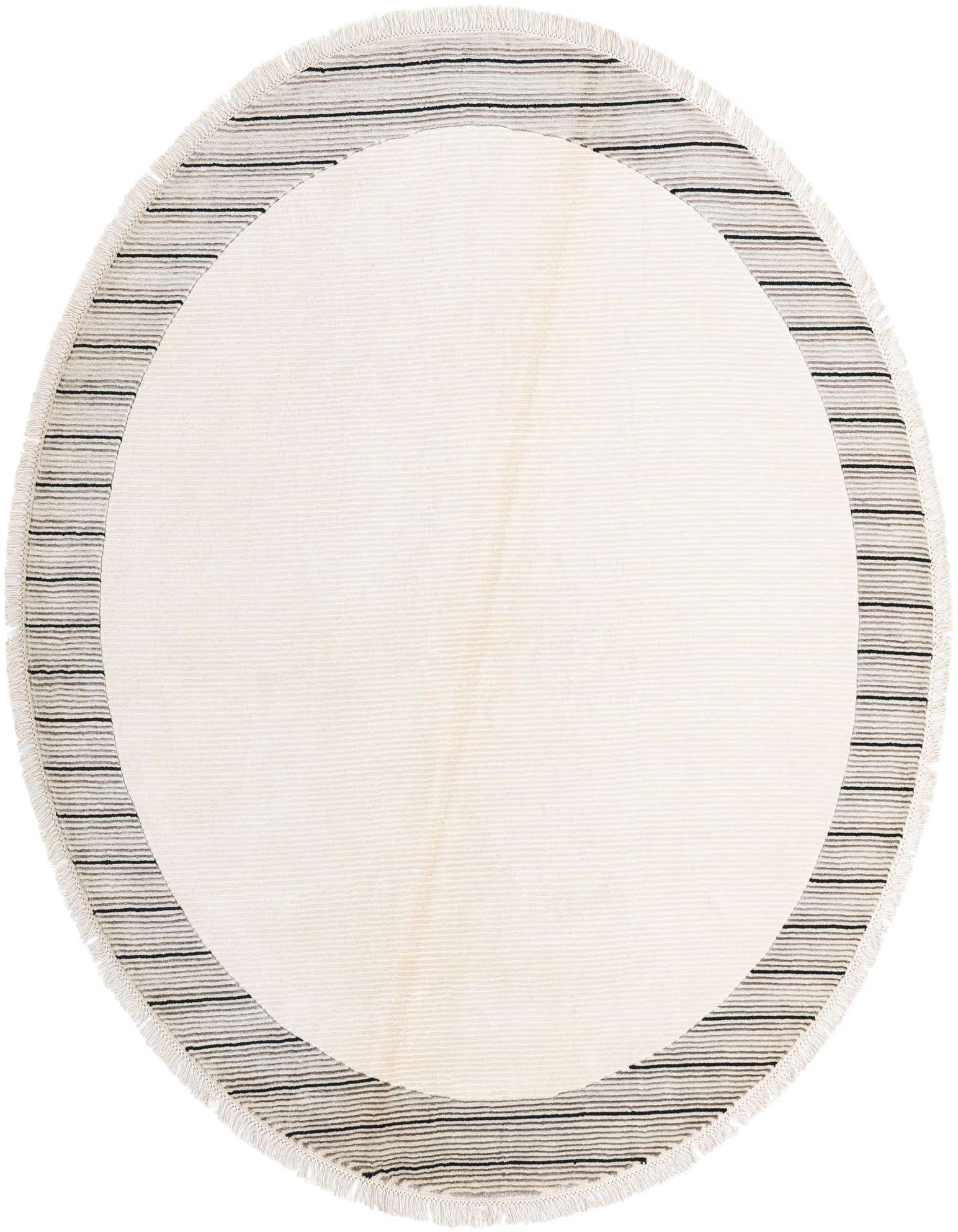 A 6' 6 round Darya rug in cream with a striped brown and tan border, featuring a high pile and fringe.