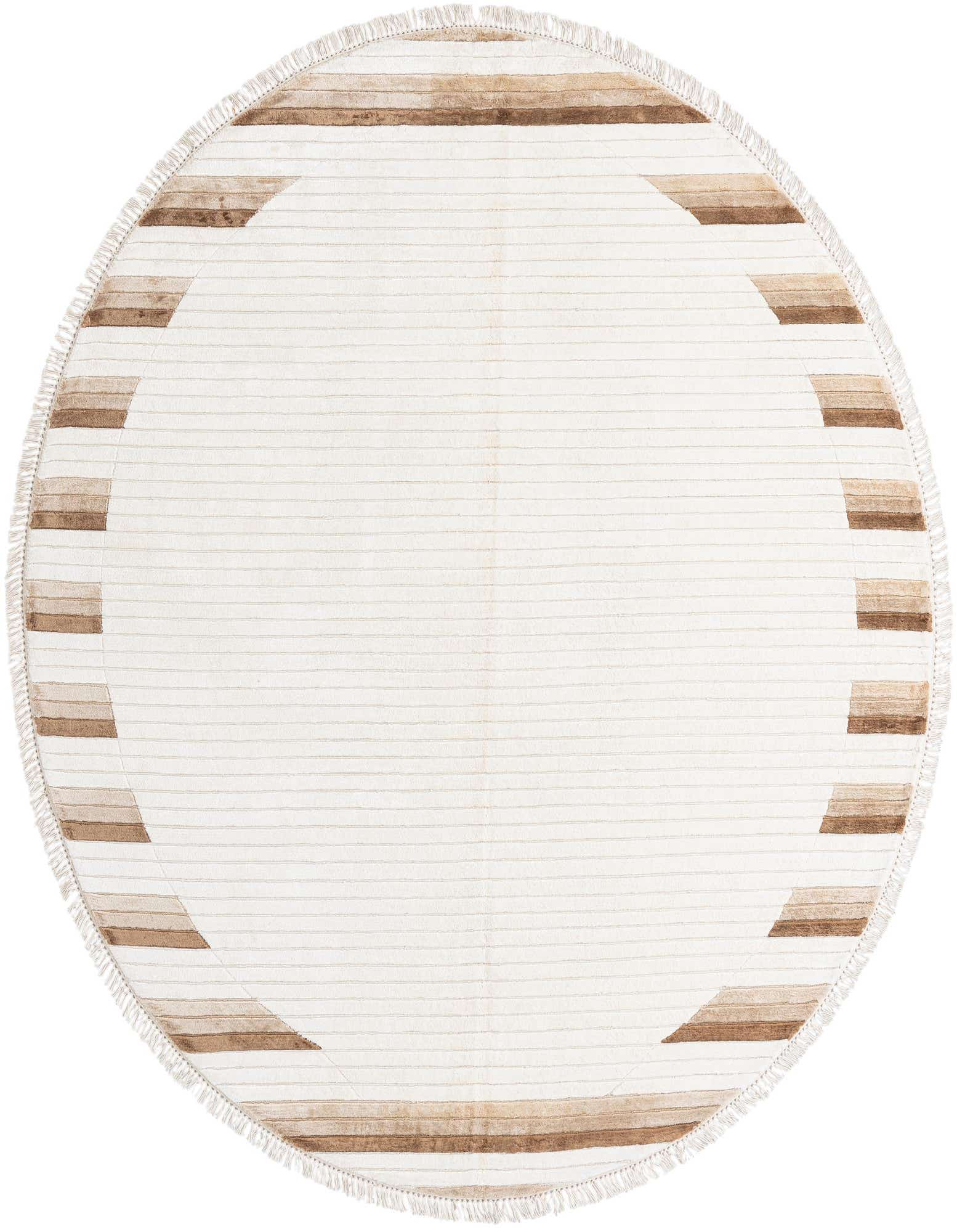 A 6' 6 round Darya rug featuring a modern oriental design with ivory and cream stripes and brown geometric accents, handmade from wool.