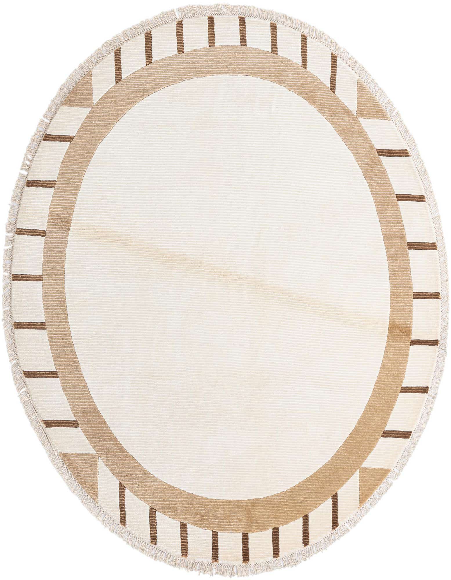 A 6' 6 round Darya rug featuring a cream center, a tan border, and dark brown striped accents.