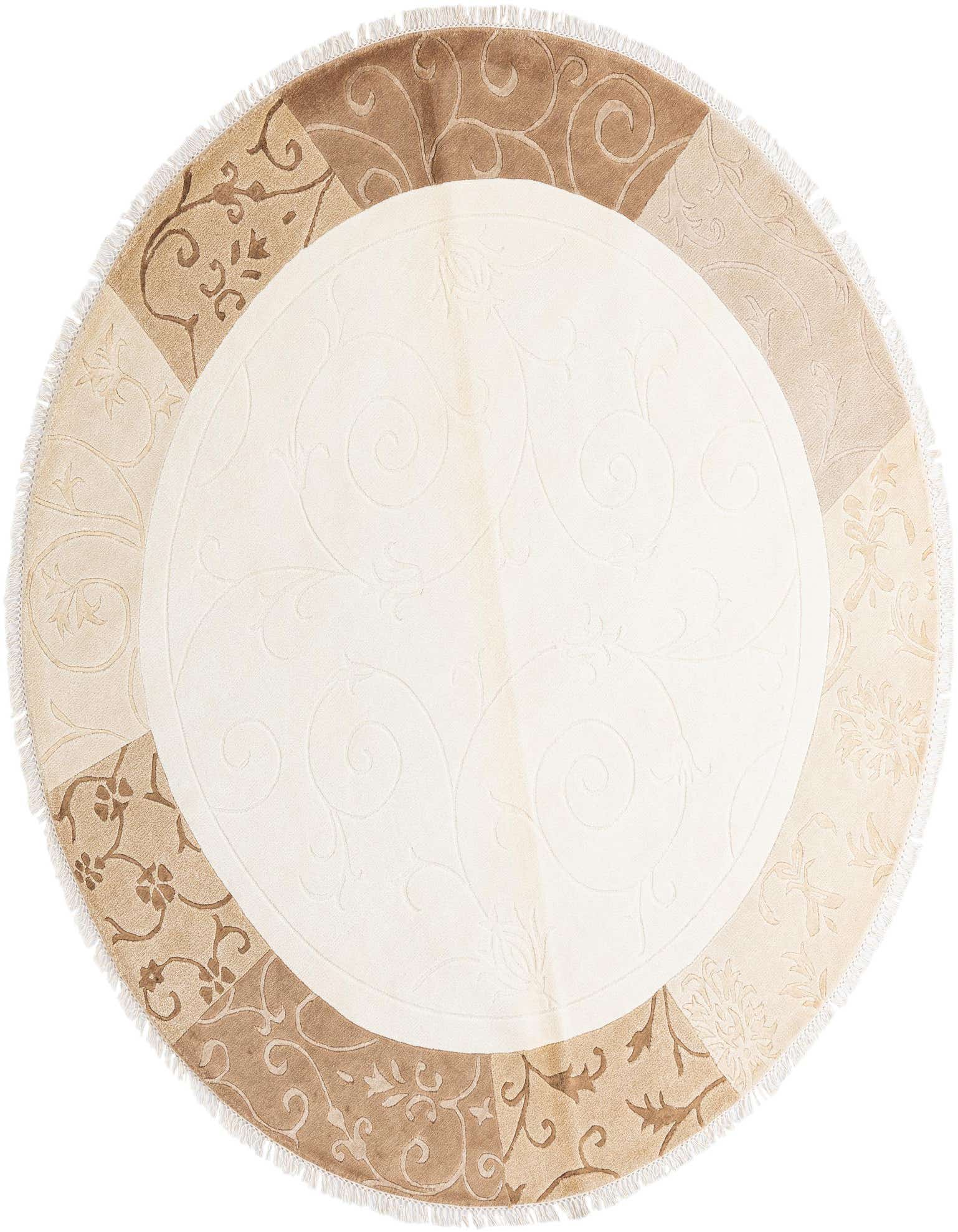 A round Darya rug in shades of brown, tan, and ivory, featuring a central cream medallion with subtle swirling patterns, surrounded by a border of varied brown and tan panels with floral and scroll motifs.