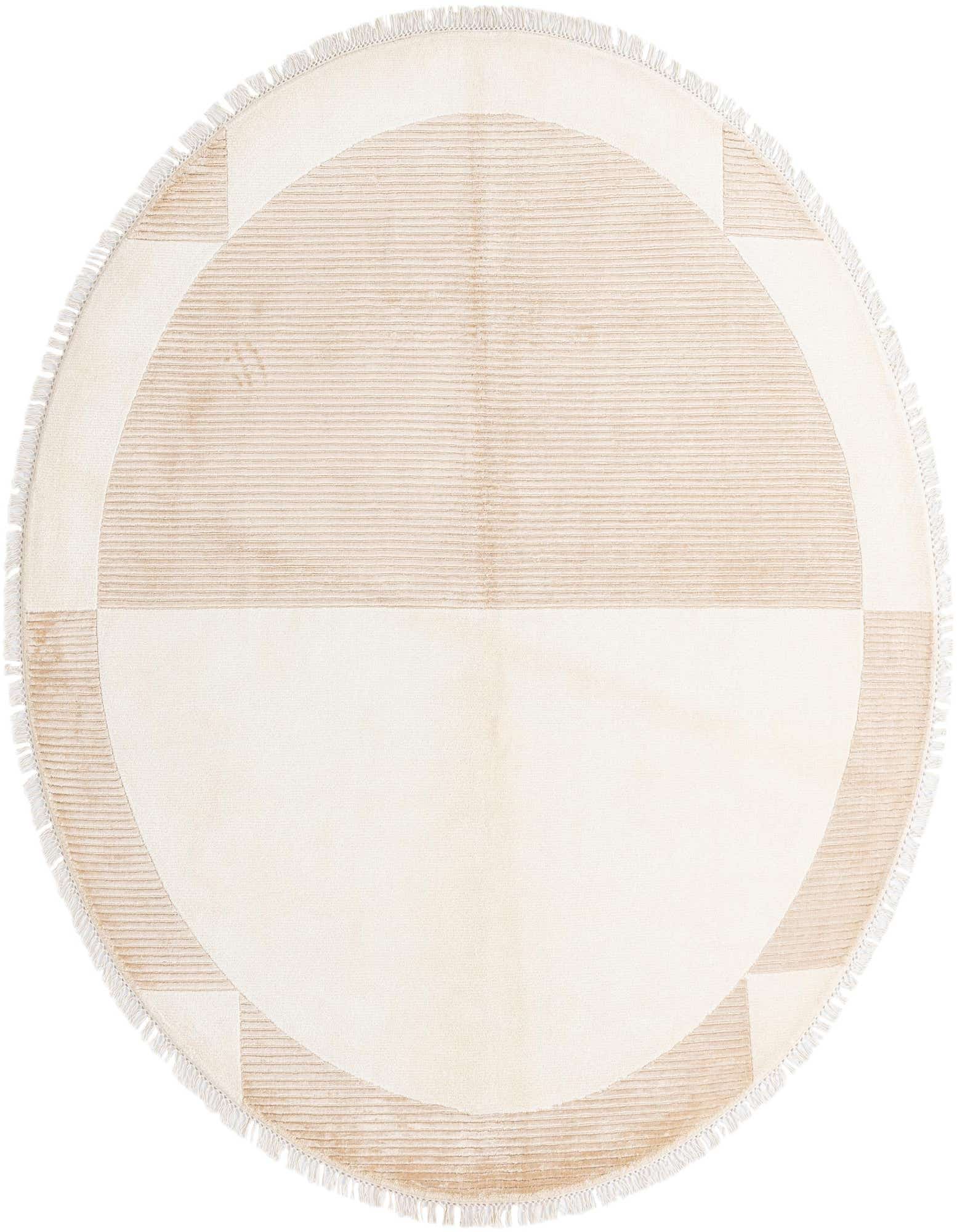 A round 6' 6 x 6' 6 Darya rug from Rugs.com featuring a modern geometric pattern in brown, tan, and cream tones with fringe.