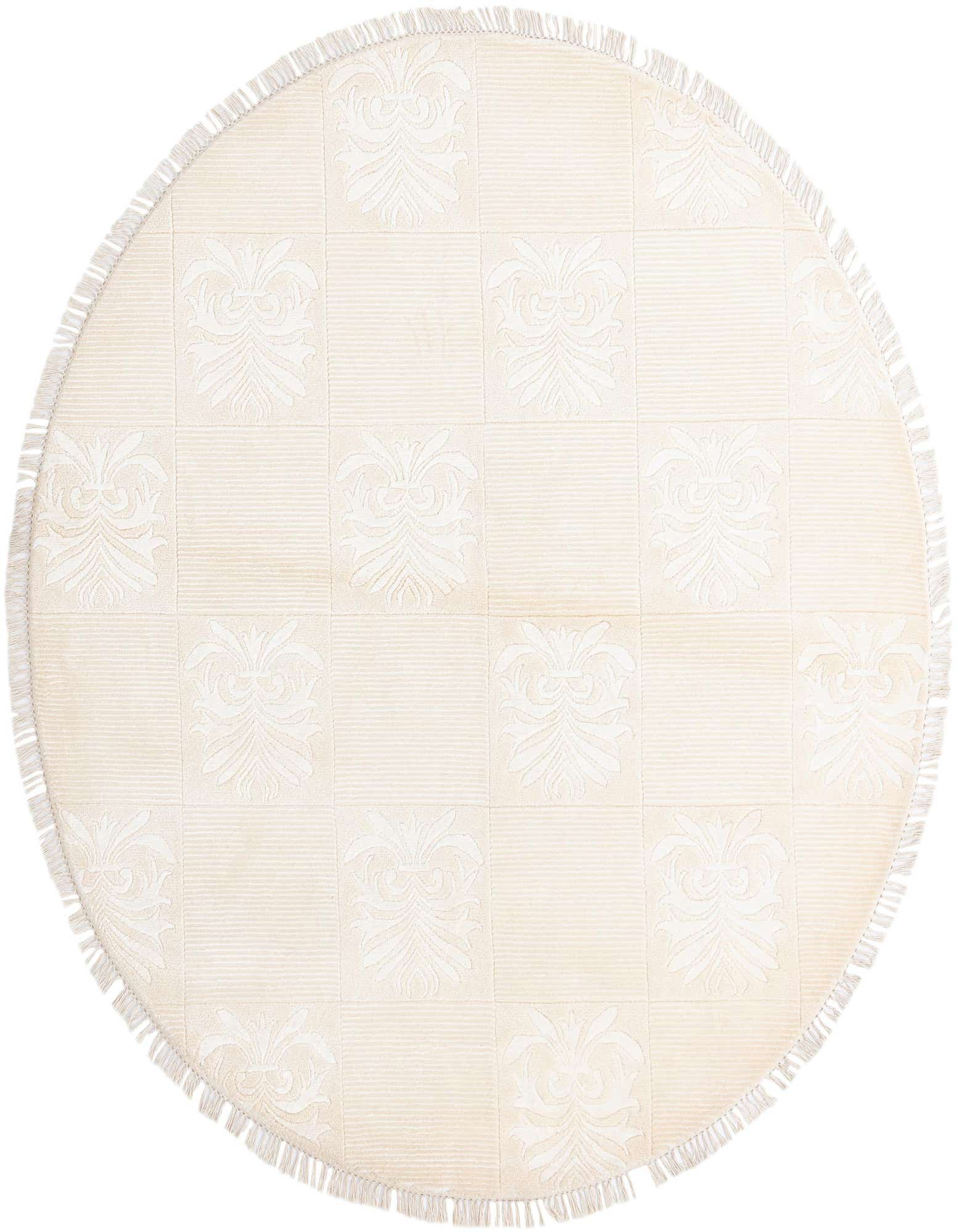 A round 6' 6 x 6' 6 Darya rug in cream and tan, featuring a modern oriental pattern with alternating solid and striped squares, and a fringed edge.