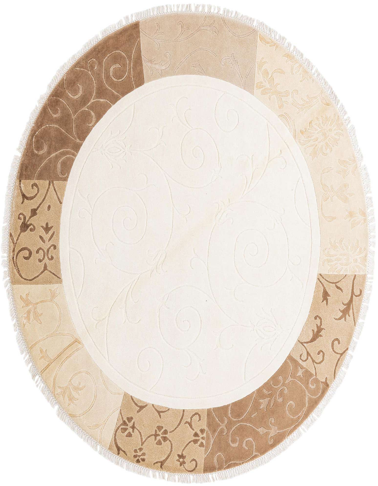 Rugs.com Darya 6' 7 x 6' 7 Round rug featuring a cream center with subtle scrollwork, surrounded by a border of alternating brown and tan panels with oriental patterns and fringe.