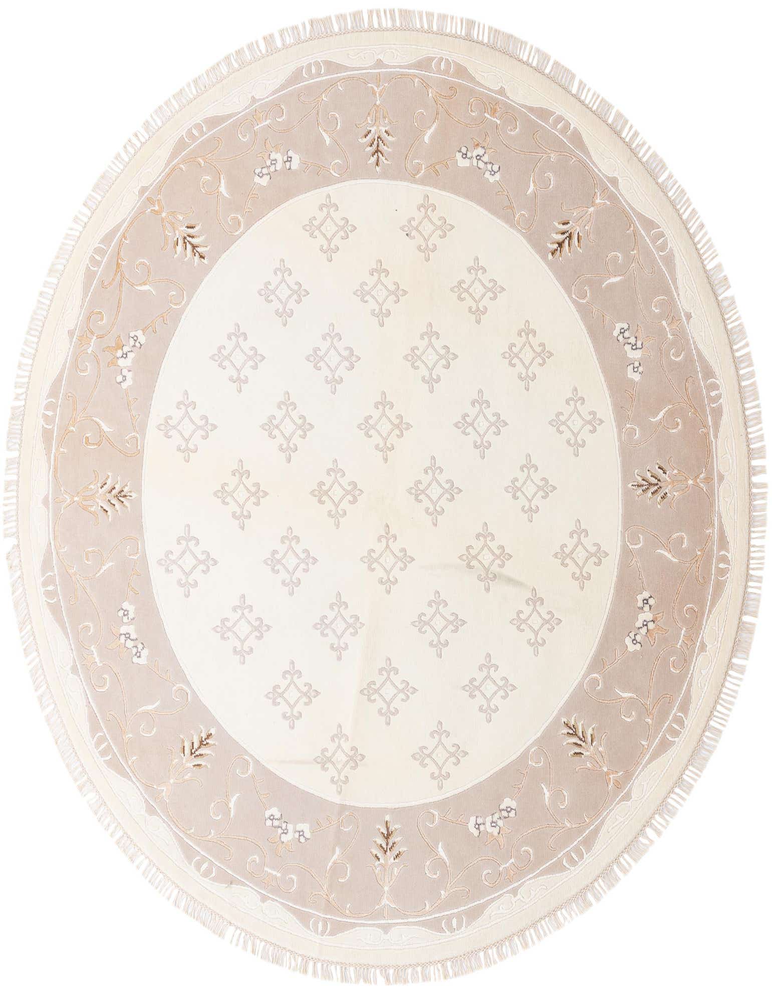A round, handmade Darya wool rug in 8' 4 x 8' 4 size, featuring a modern oriental pattern with a cream center and a tan border, accented with delicate floral motifs and fringe.