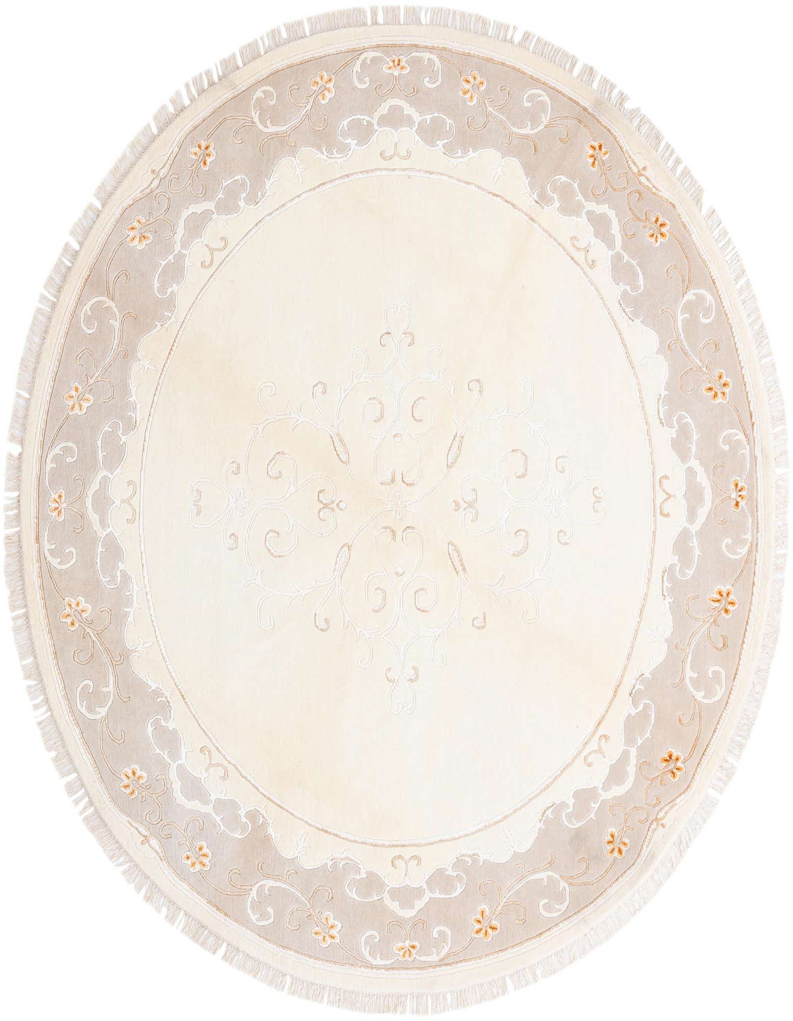 A round 8' 2 x 8' 2 Darya rug featuring a cream center with intricate swirling patterns, bordered by a tan band with delicate floral motifs and fringe.