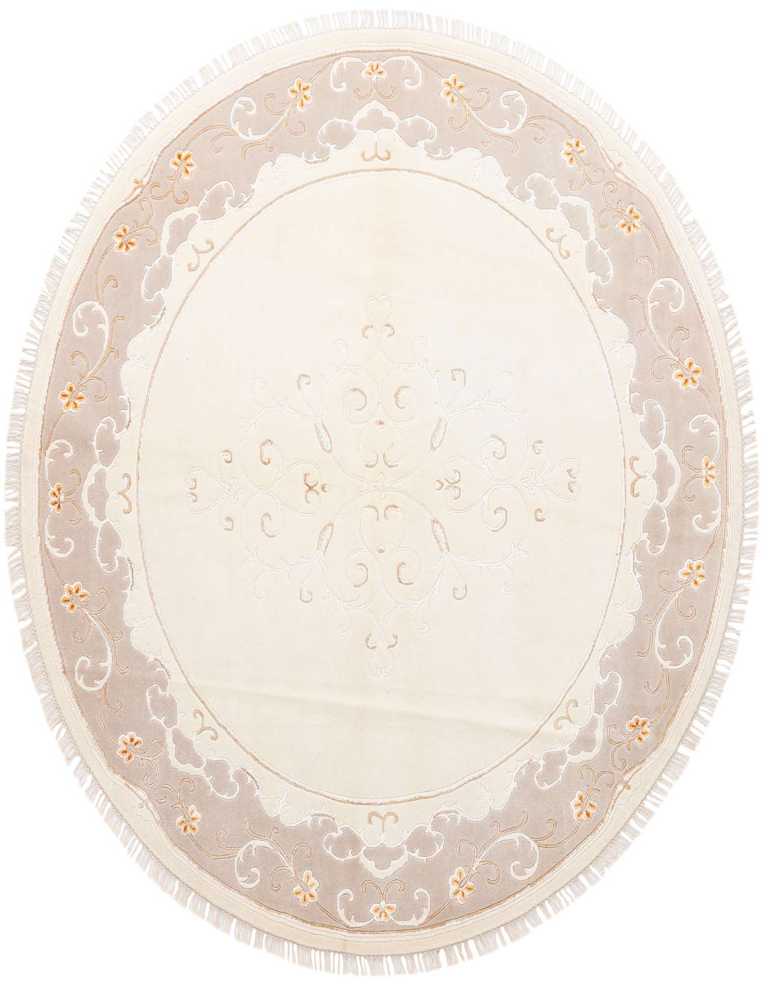 A round Darya rug, 8'3" in diameter, featuring an ivory center with an ornate medallion and a tan border with floral accents.
