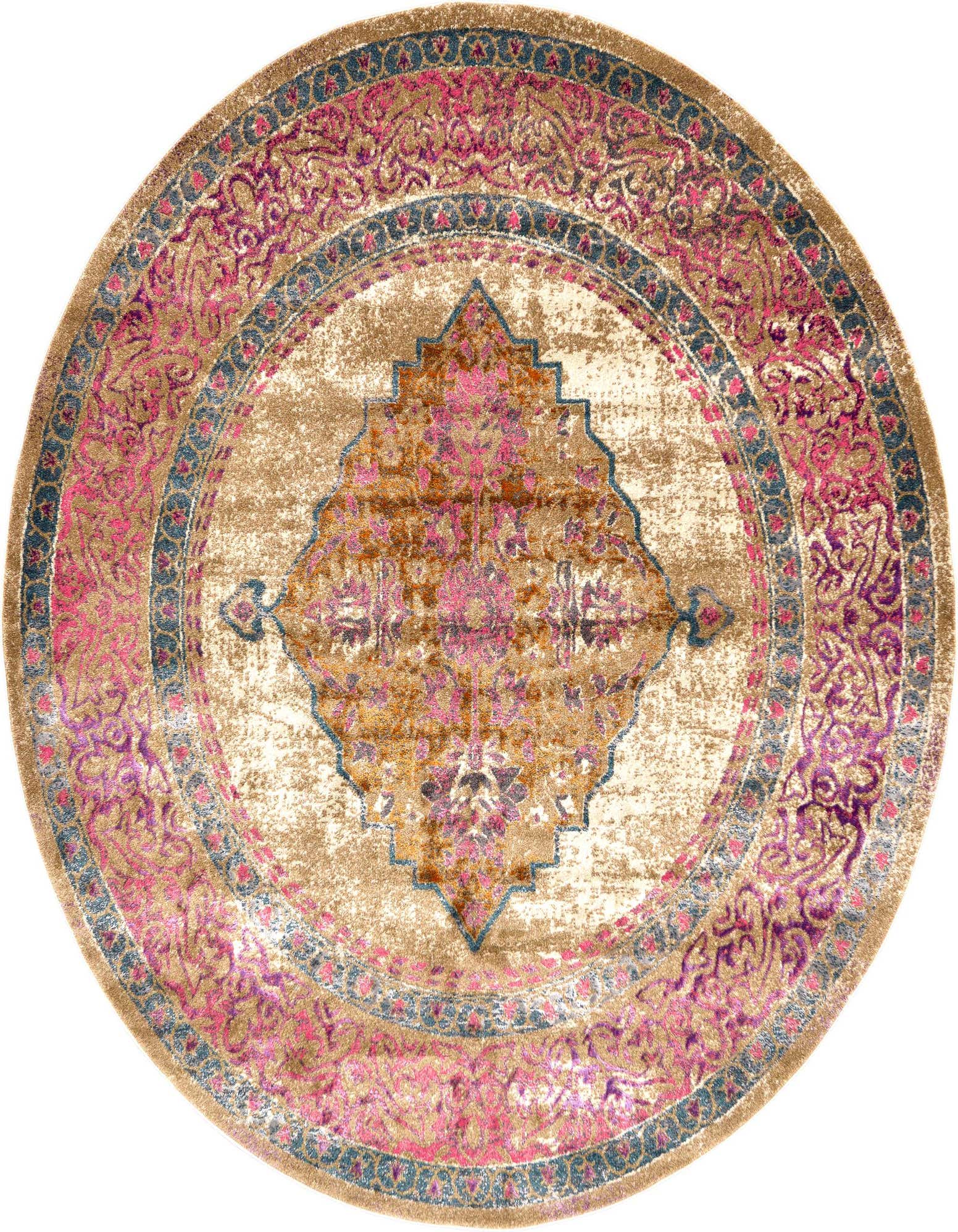 A round 8' brown and ivory rug with a central medallion and intricate pink, purple, and blue bohemian patterns.