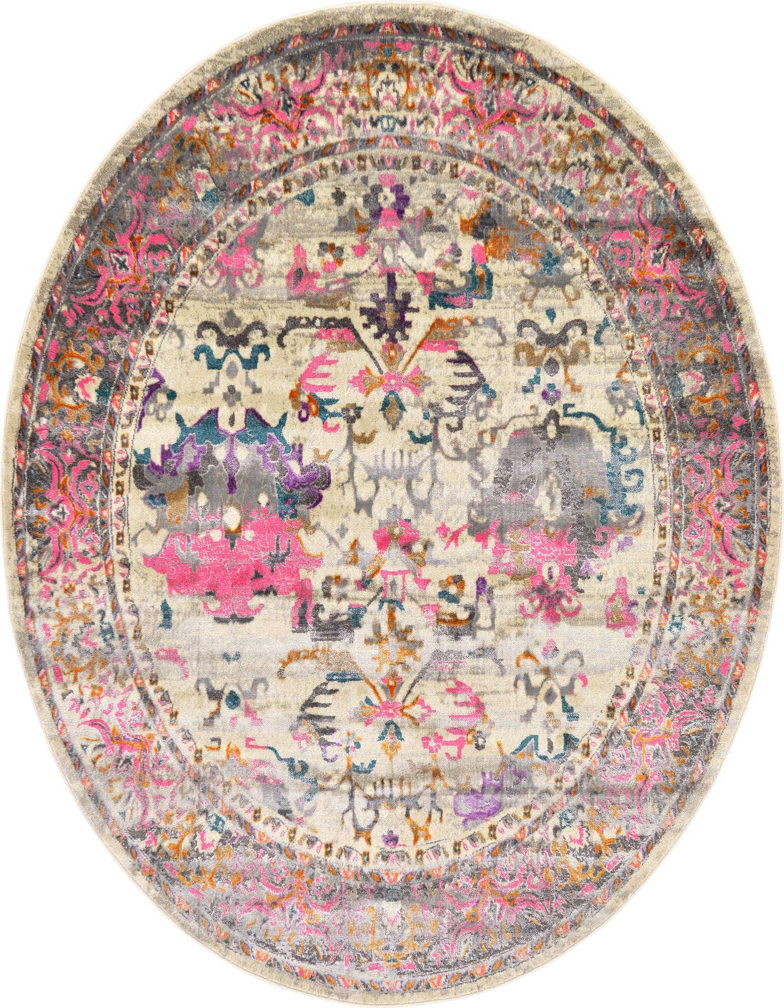 A round 8' 0 x 8' 0 Delilah rug featuring a distressed traditional floral pattern in browns, tans, ivories, creams, and vibrant pinks.