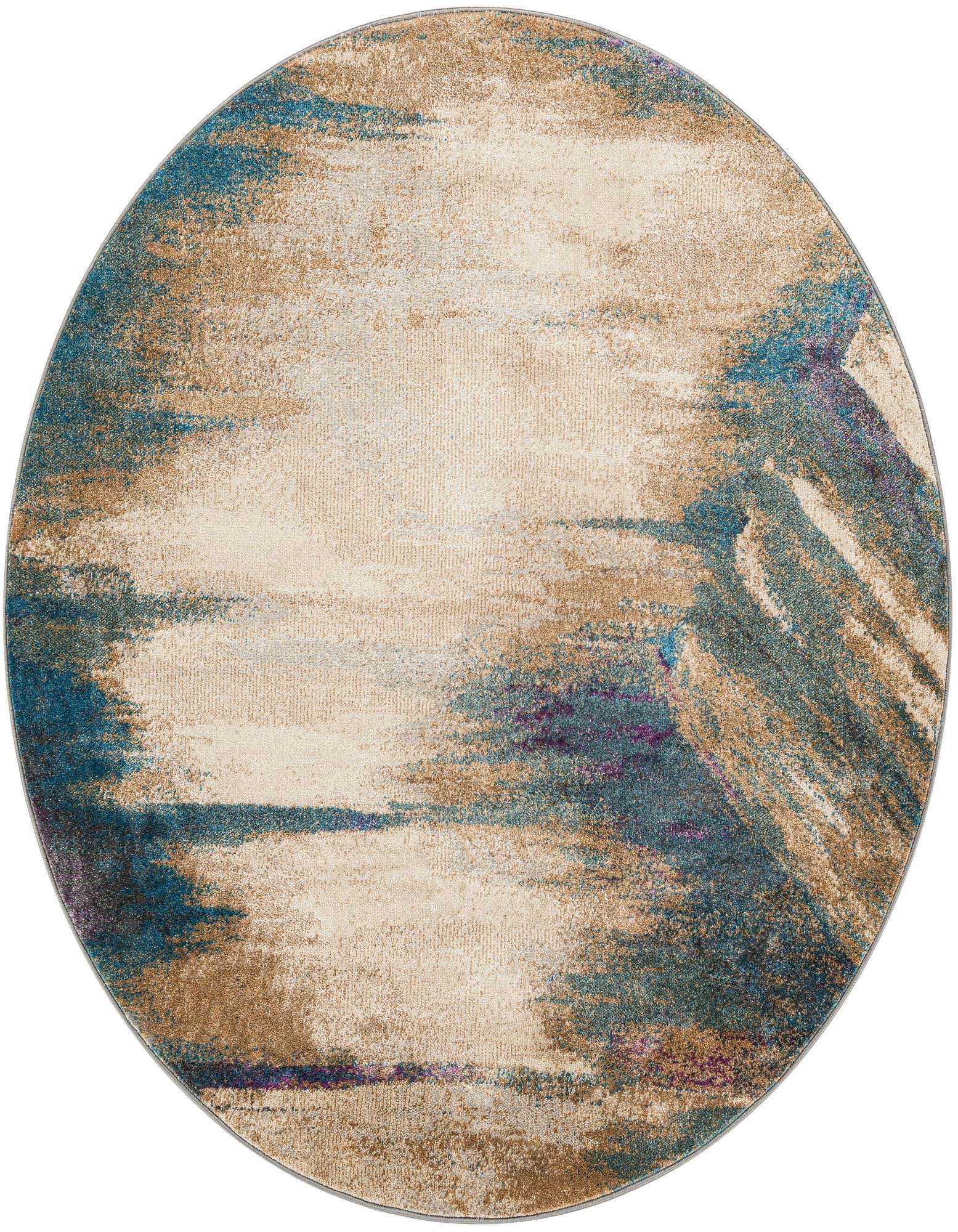 A round Delilah rug, 5' 3 x 5' 3, featuring an abstract design with brown, tan, ivory, and cream tones, accented with teal and purple.