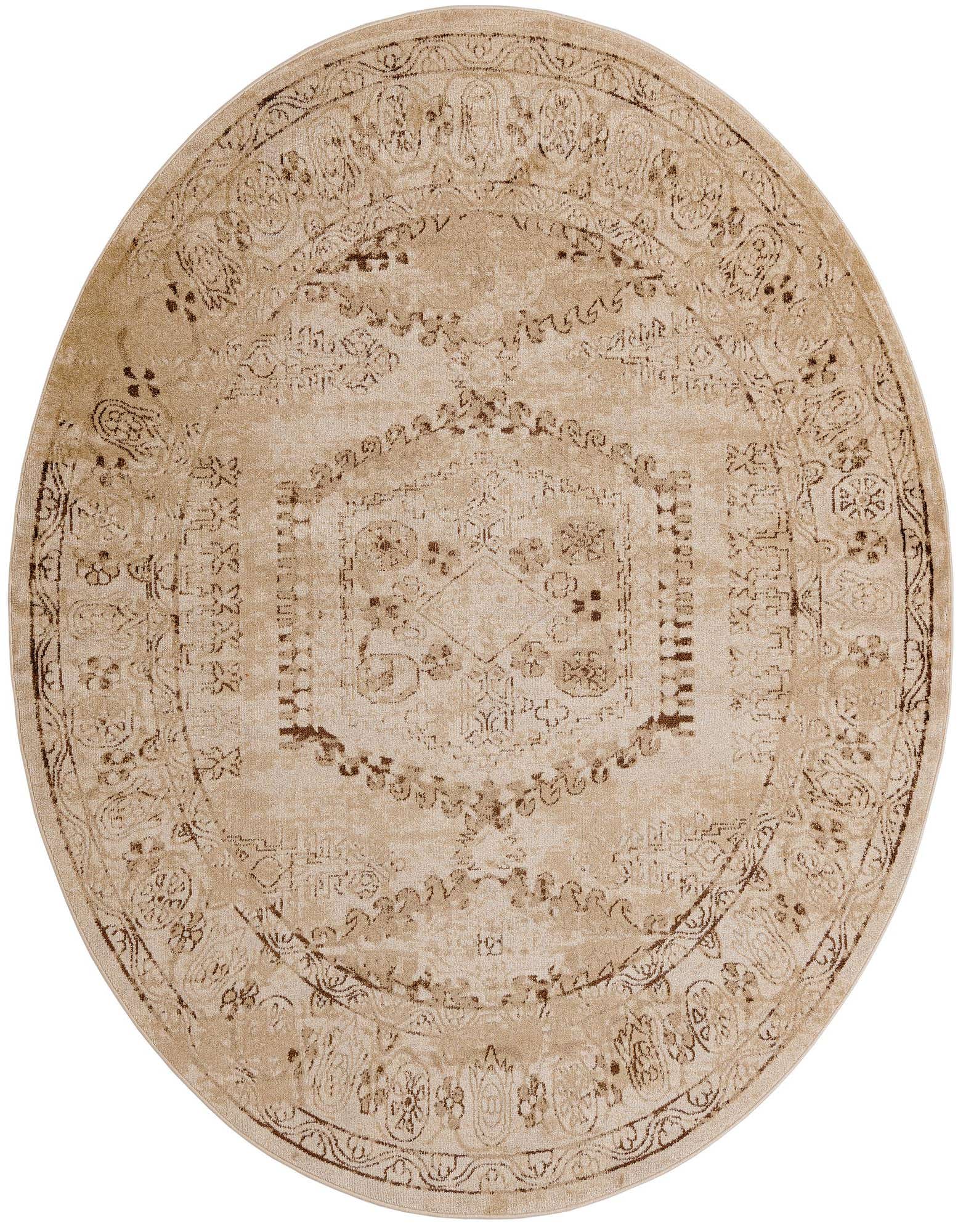 A round 8' x 8' Eden rug by Rugs.com, featuring a distressed medallion and tribal pattern in browns and creams.