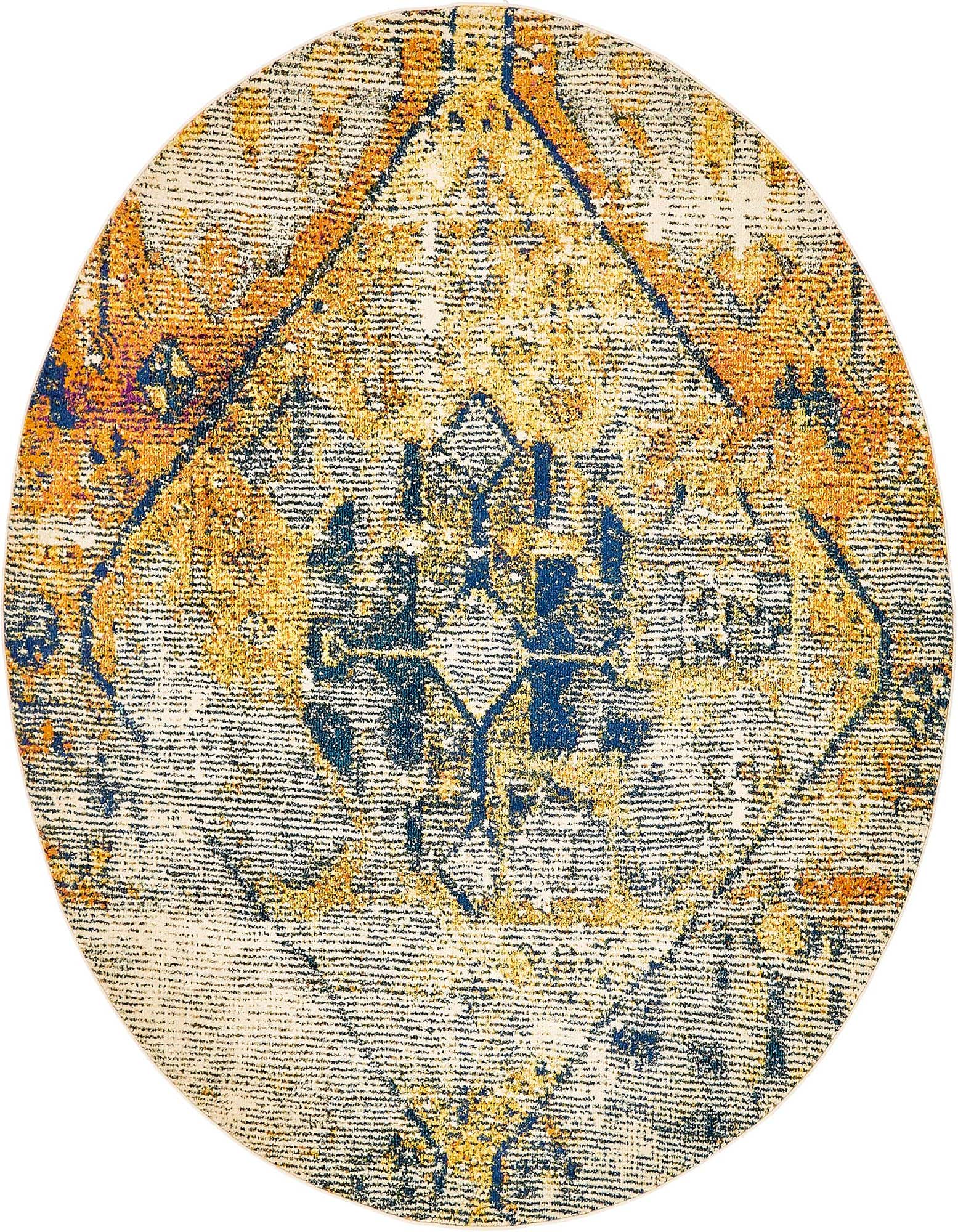 A round El Paso rug featuring a distressed medallion pattern in warm browns, tans, and creams with hints of blue.