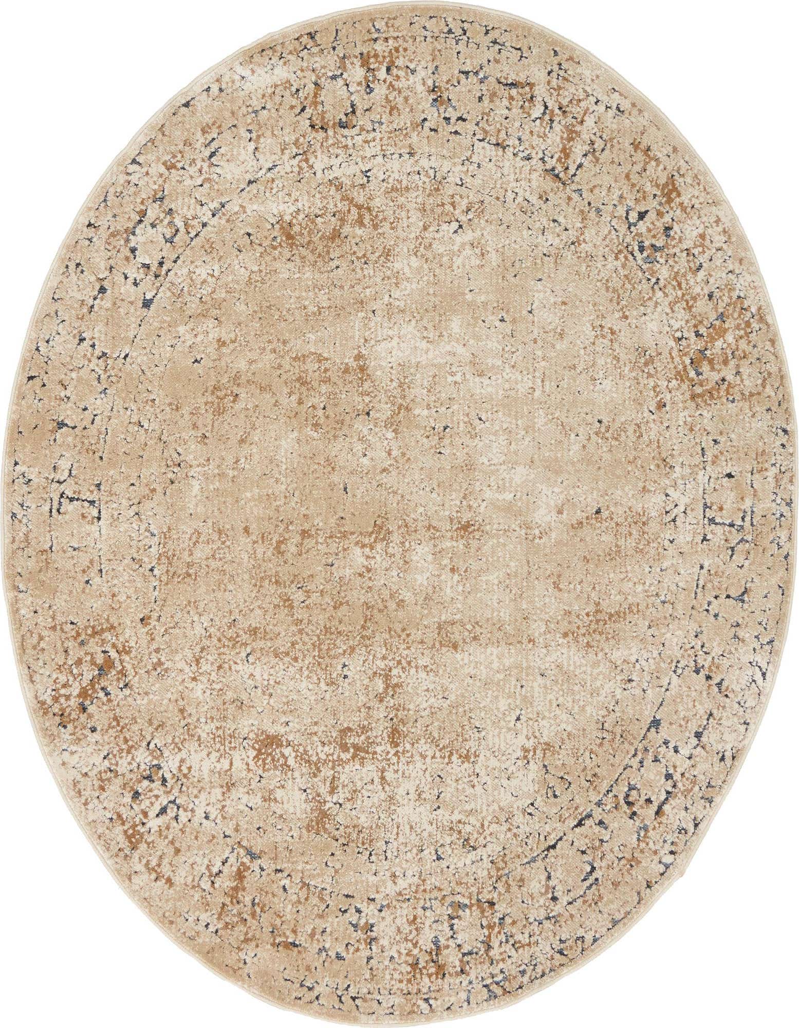 A 4' round Eliza rug in shades of brown and cream, featuring a distressed traditional pattern.