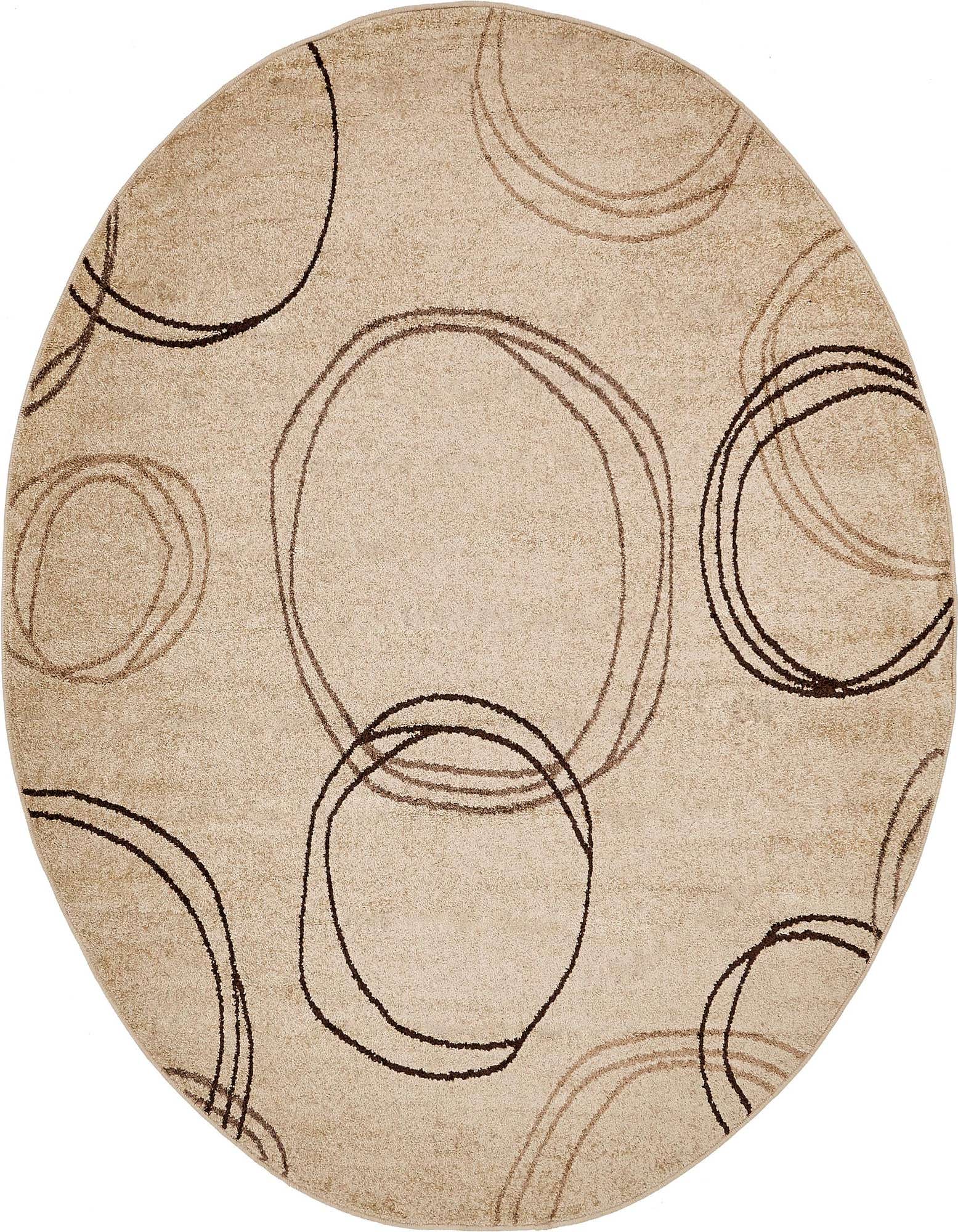 A round, thin pile Rugs.com Equinox rug in shades of brown and tan with an abstract circular pattern.