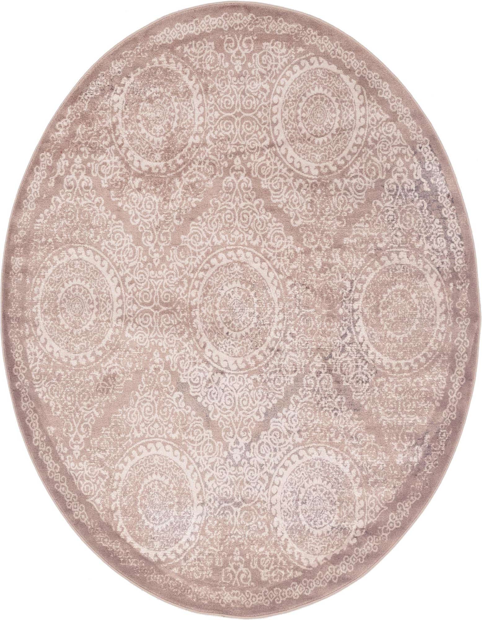 A 6' round brown and ivory Bohemian rug with a distressed medallion and trellis pattern, suitable for indoor spaces.