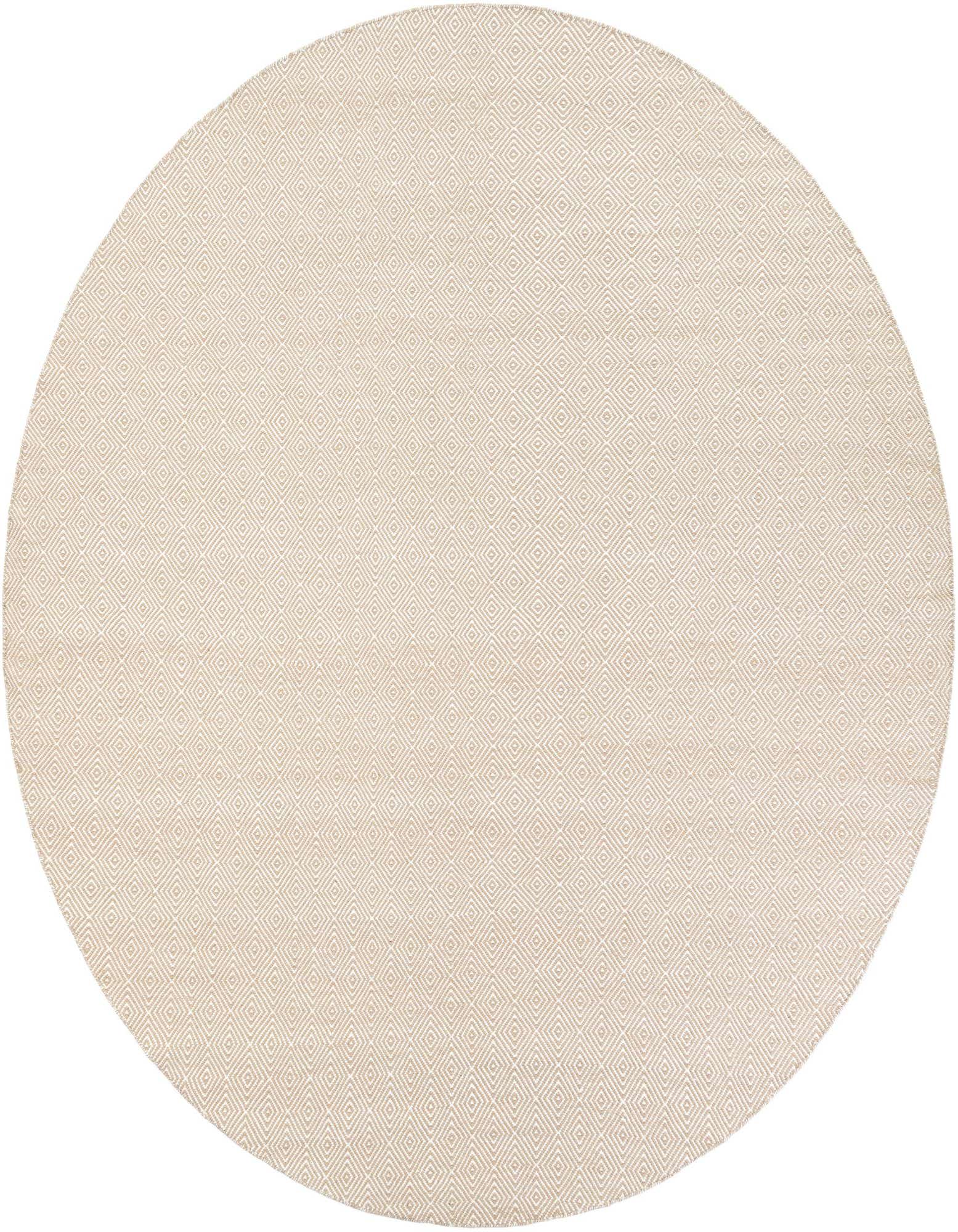A 10-foot round flatweave rug featuring a subtle geometric trellis pattern in light brown and cream.