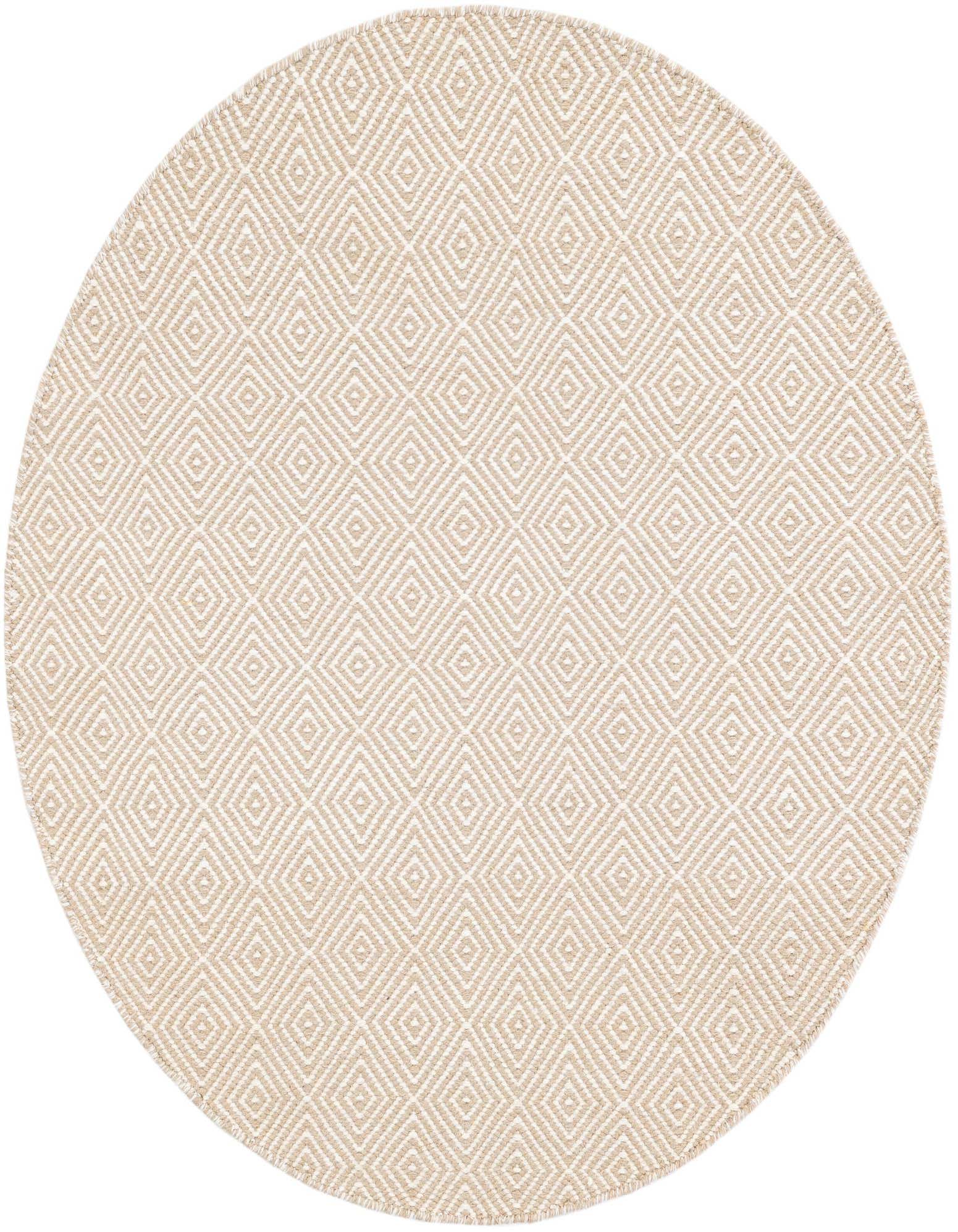 A round 4' 1" x 4' 1" brown and ivory flatweave rug with a modern trellis pattern.