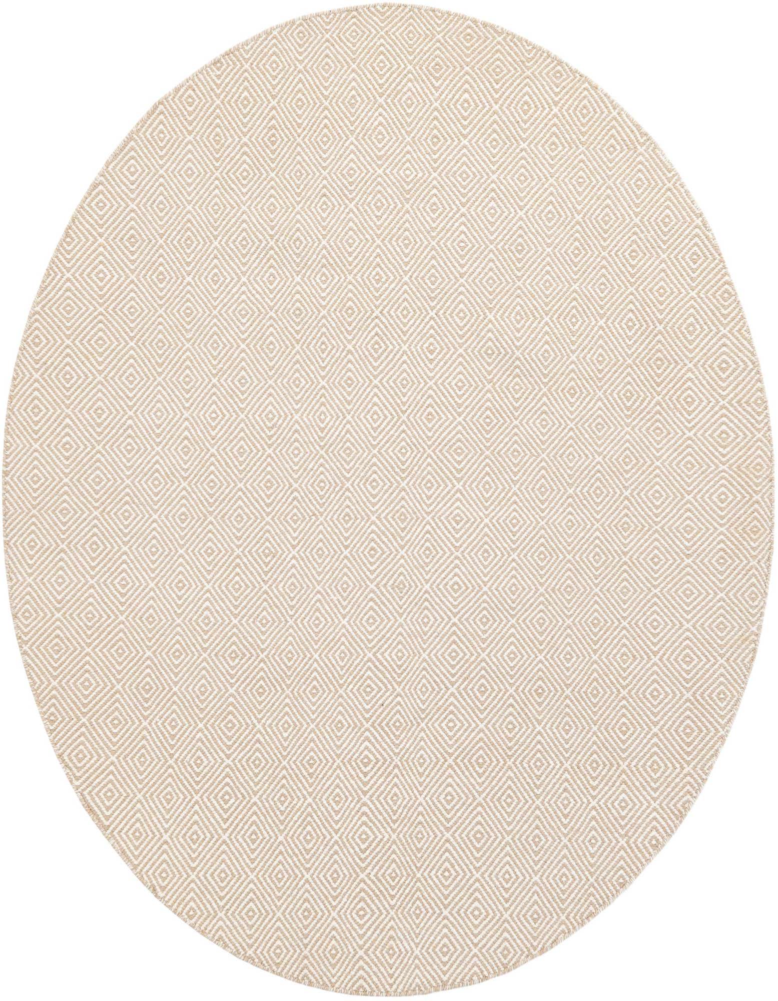 A 6'1" round Geo Trellis Flatweave rug from Rugs.com, featuring a modern geometric diamond pattern in warm brown and cream tones.