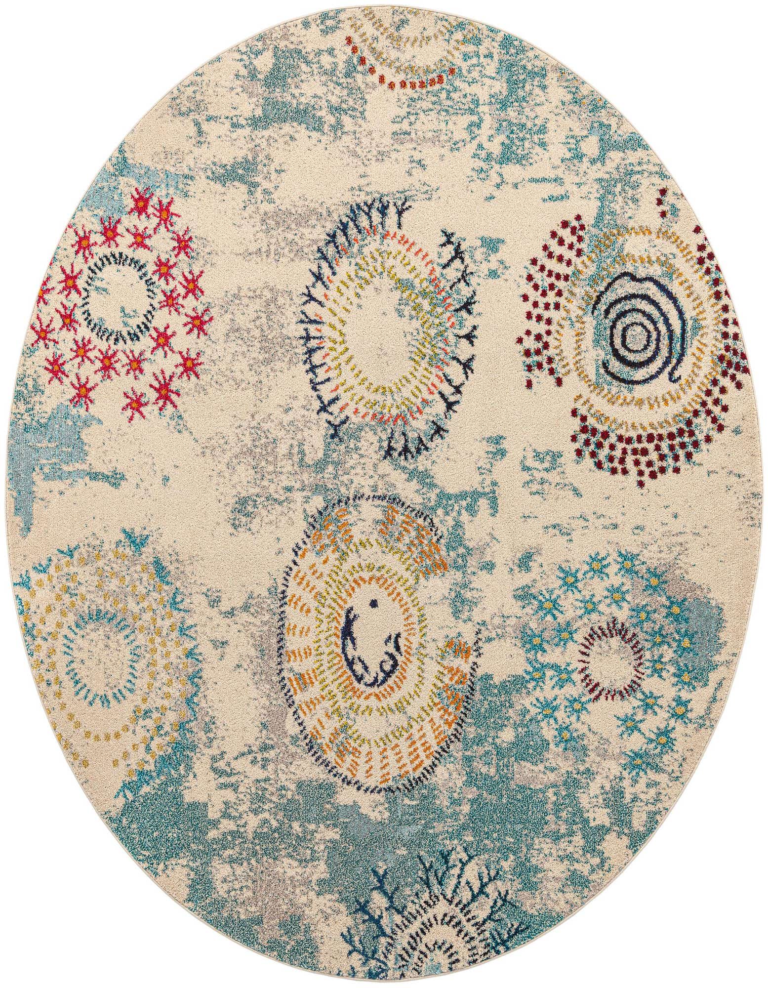 Round cream rug with distressed teal accents and colorful botanical medallions in red, yellow, orange, and blue.