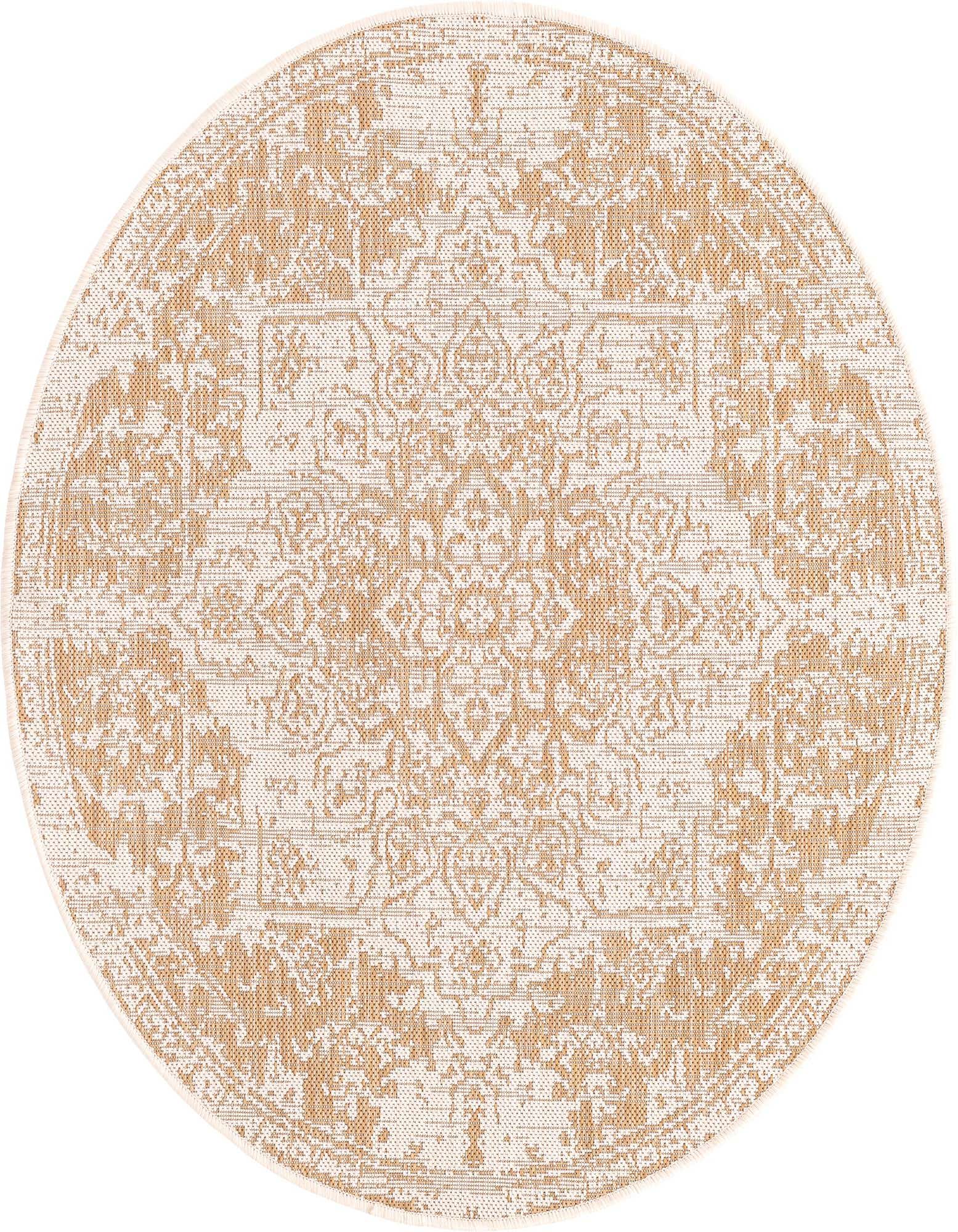 A 4' round Jill Zarin Outdoor rug featuring a distressed brown medallion pattern on a cream background, suitable for indoor or outdoor use.