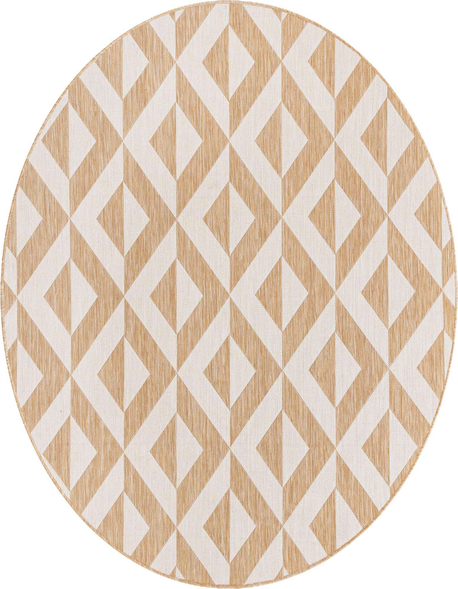 Round brown and ivory geometric trellis rug with a textured flatweave, suitable for indoor or outdoor use.