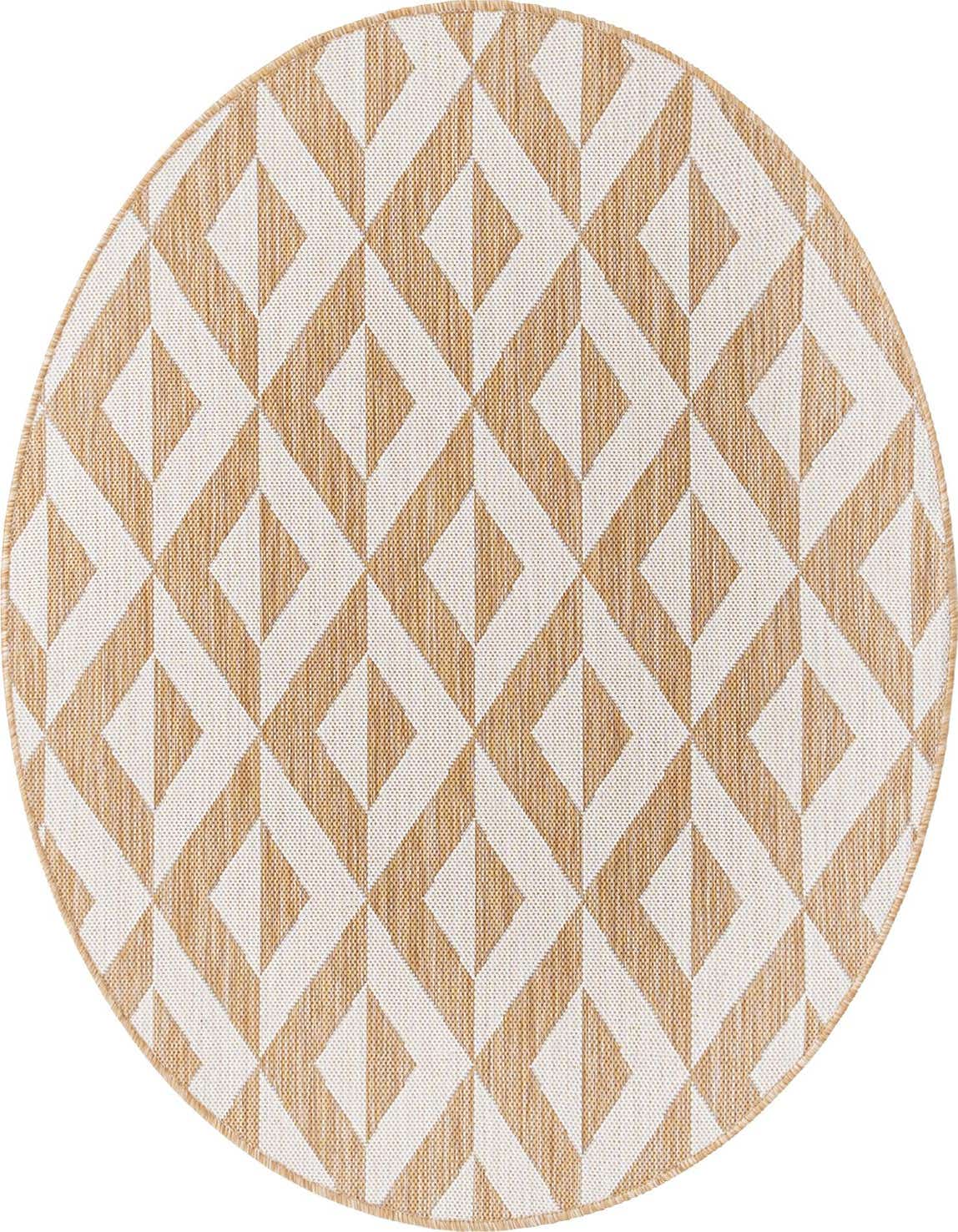 A round 4' x 4' Jill Zarin Outdoor rug featuring a modern geometric trellis pattern in brown and ivory.