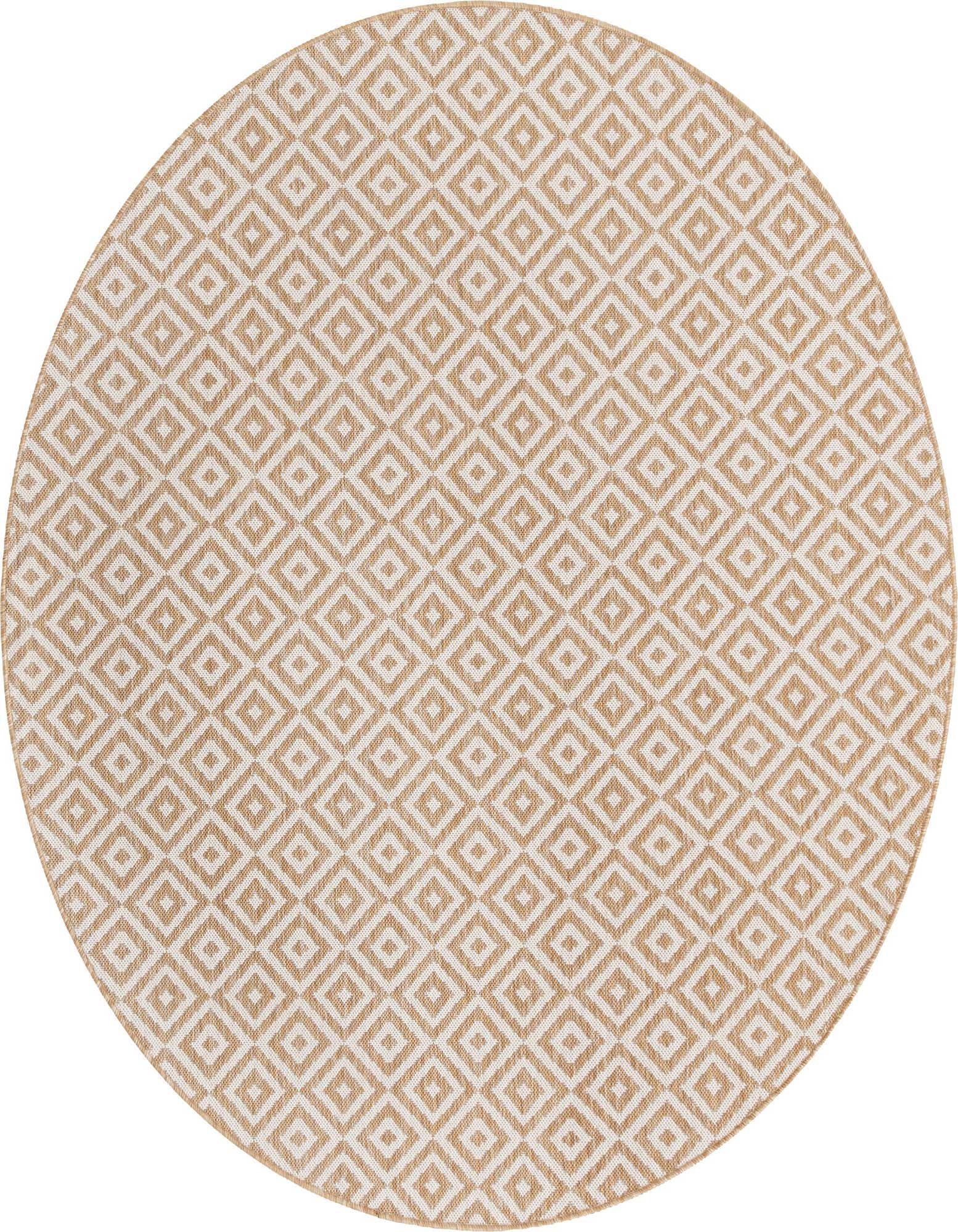 A round 6' 7 x 6' 7 Jill Zarin Outdoor rug featuring a brown and ivory geometric trellis pattern, suitable for indoor or outdoor use.