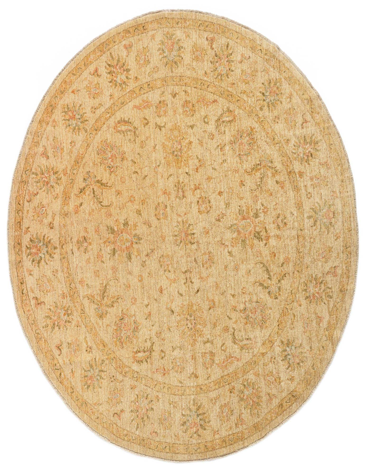 A round 8' 1 x 8' 2 Kaizar Persian rug in warm brown and ivory tones with a floral pattern.