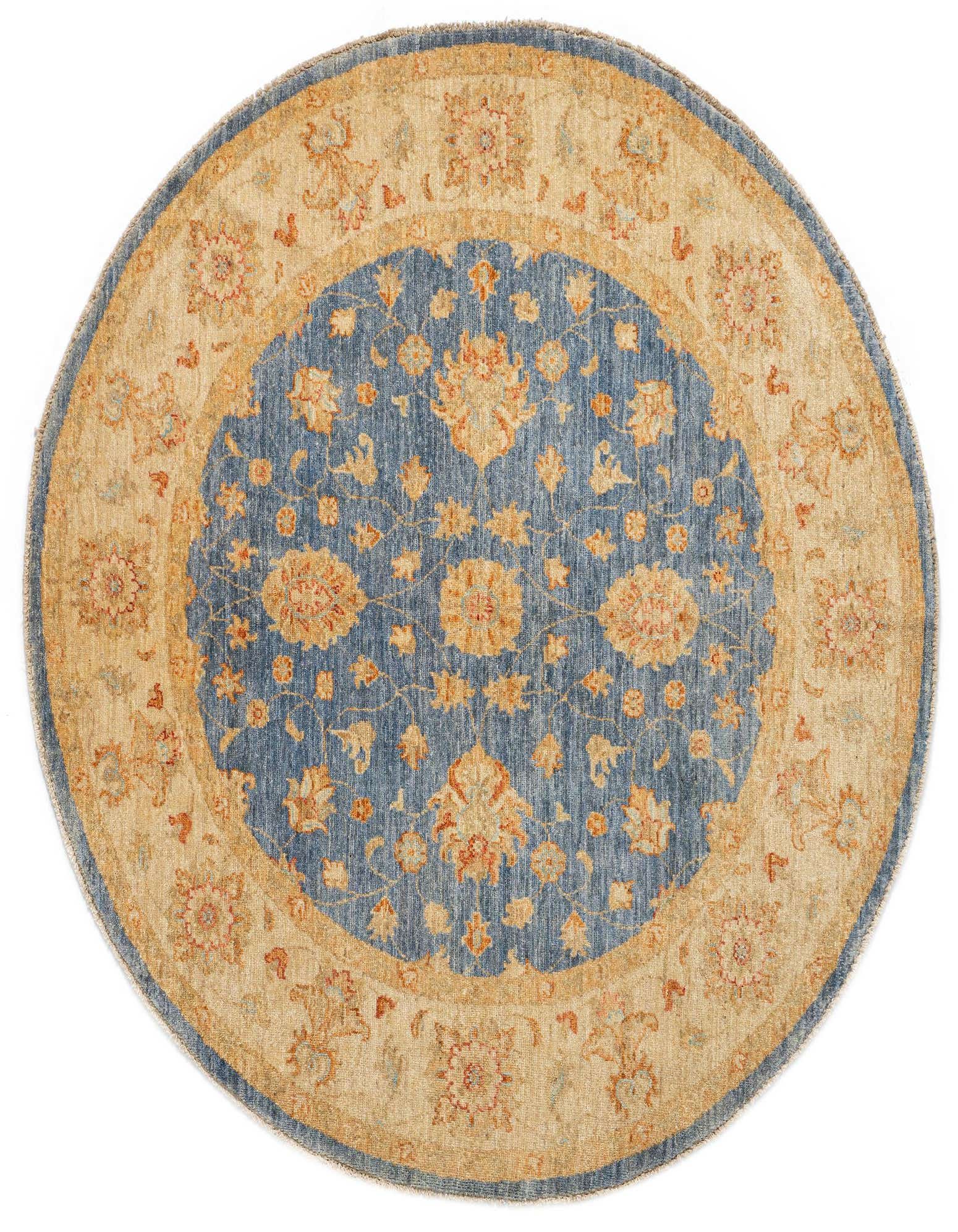 A round 4' 10 x 4' 10 Kaizar Persian rug featuring a central blue medallion with intricate floral patterns, surrounded by a tan border.