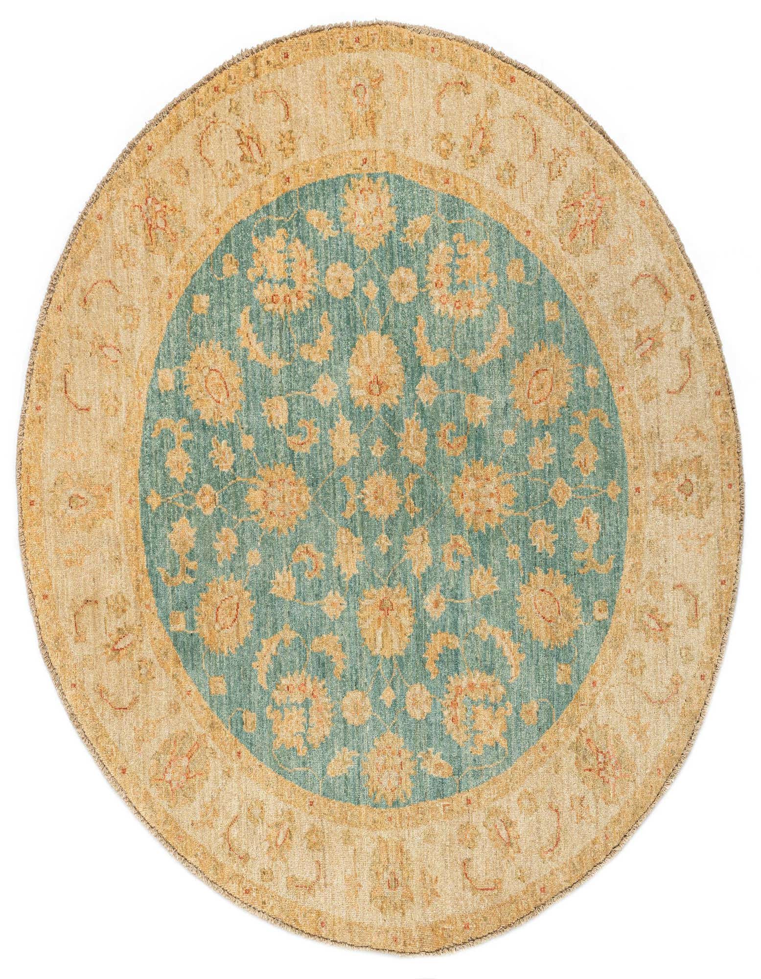 A round 4' 9 x 4' 9 Kaizar Persian rug with a tan border and a teal center featuring gold floral motifs.