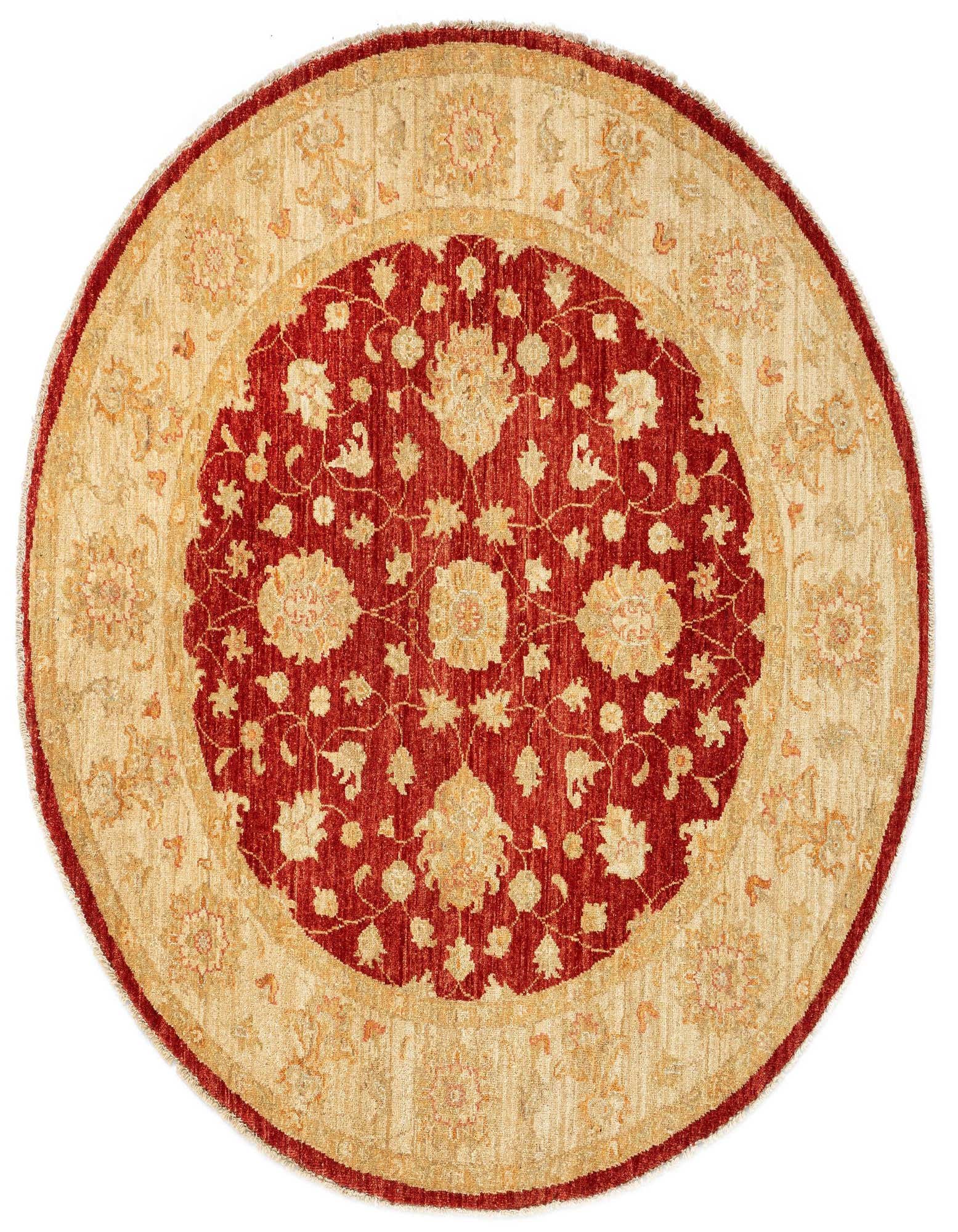 A round Kaizar Persian rug, 4' 10 x 4' 11, with a rich red center and an ivory border, featuring intricate floral patterns.