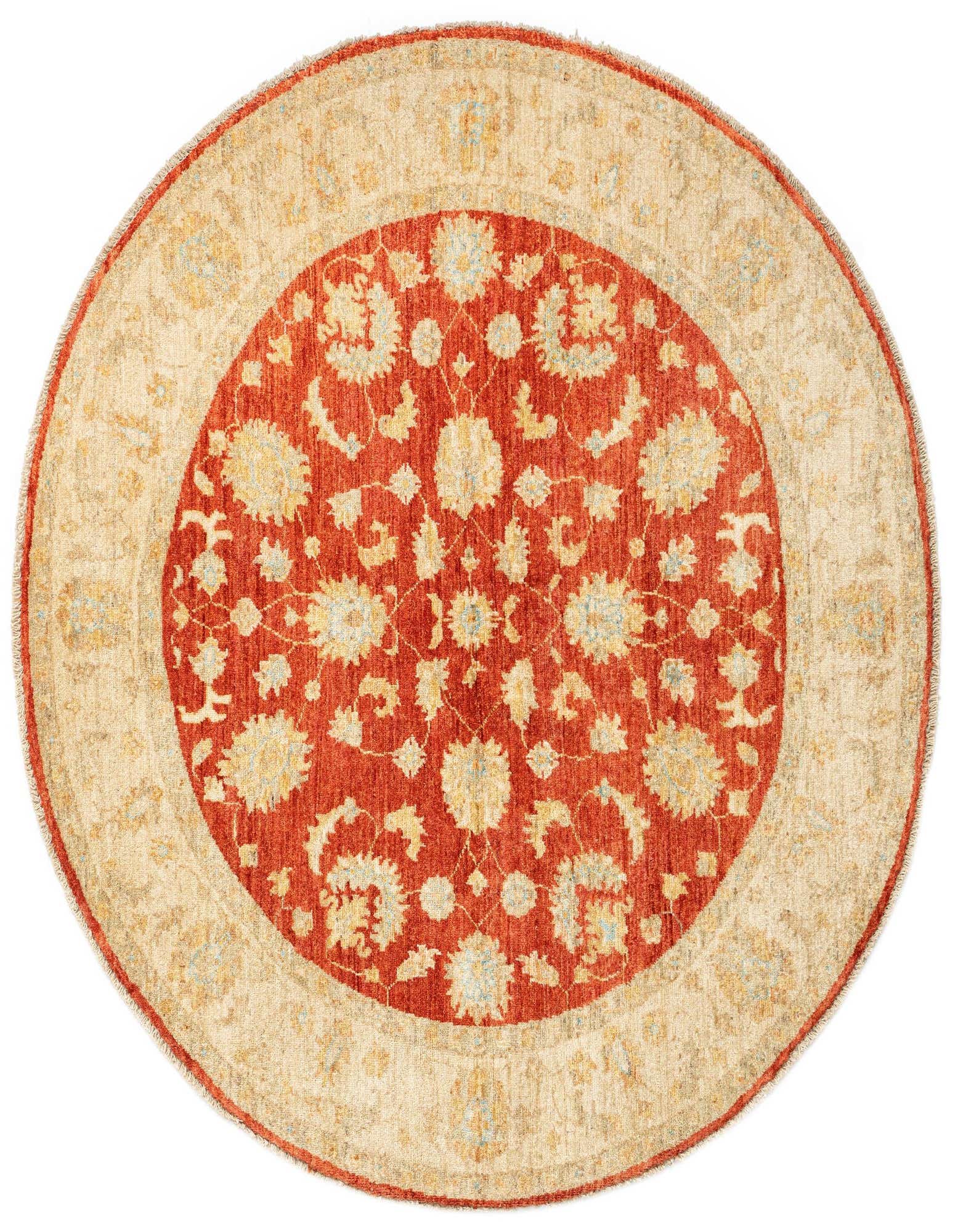 A round 4' 11 x 5' 0 Persian rug with a red center and an ivory border, featuring intricate floral patterns.