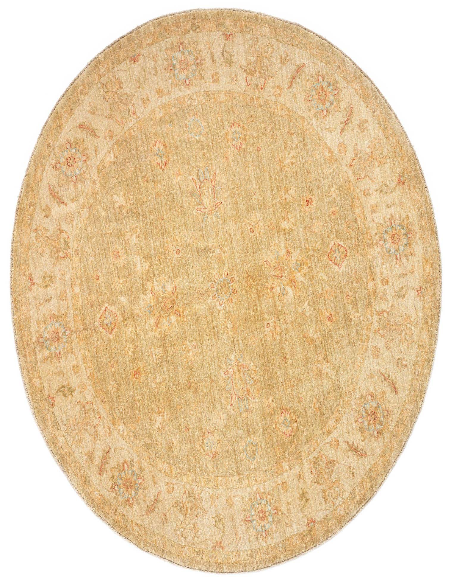 A round 6' 6 x 6' 7 Persian wool rug in shades of brown and tan with ivory floral patterns.